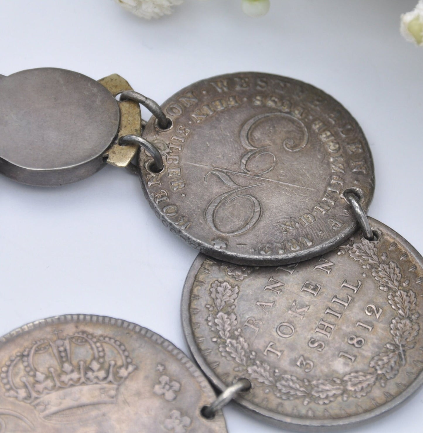 Antique Rare Silver Coin Bracelet - 1756 Joseph I 600 Réis | 1685 James II Medal | 1812 2/3 Thaler Bonaparte | 1813 George III Bank Token