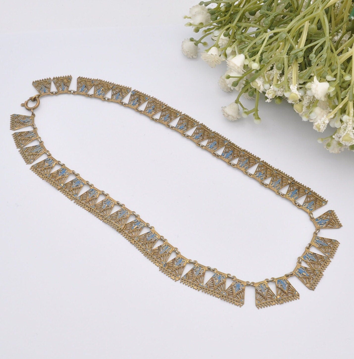Vintage Art Deco Egyptian Revival Collar Necklace with Ornate Enamel Panels - Short Brass Full Fringe Choker | 36.5cm 14"