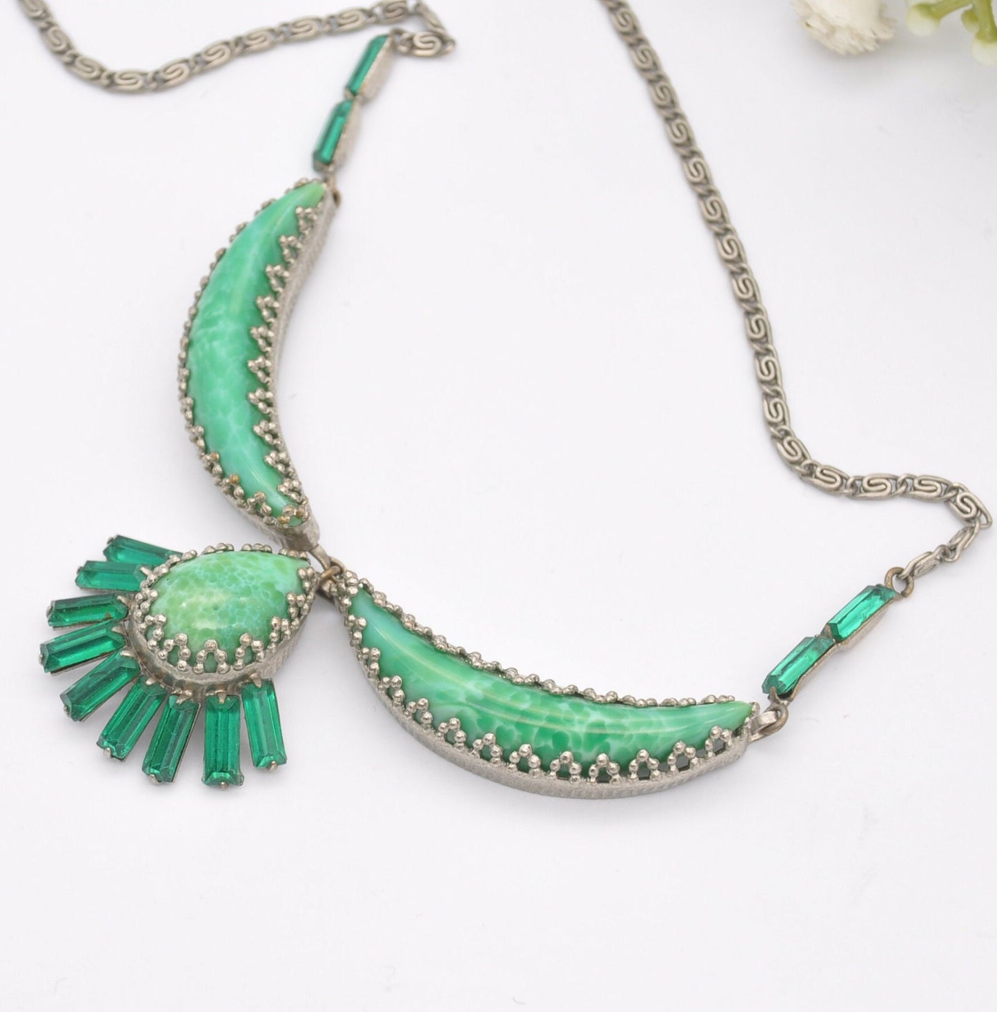 Vintage Green Peking Glass Statement Necklace with Czech Filigree