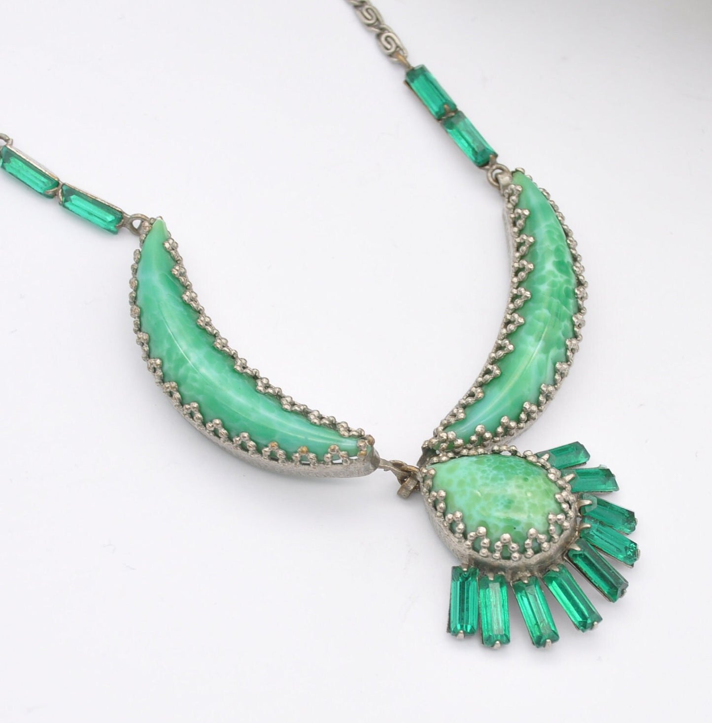Vintage Green Peking Glass Statement Necklace with Czech Filigree