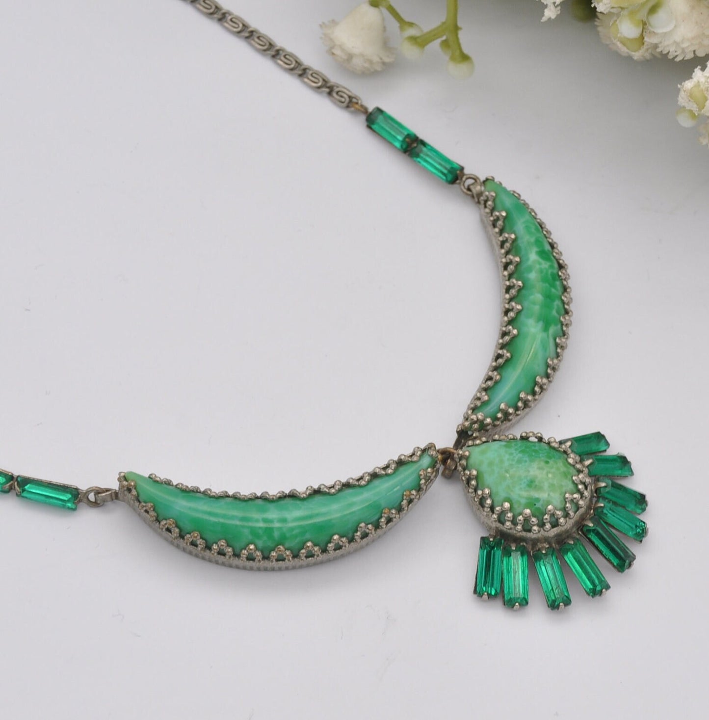 Vintage Green Peking Glass Statement Necklace with Czech Filigree