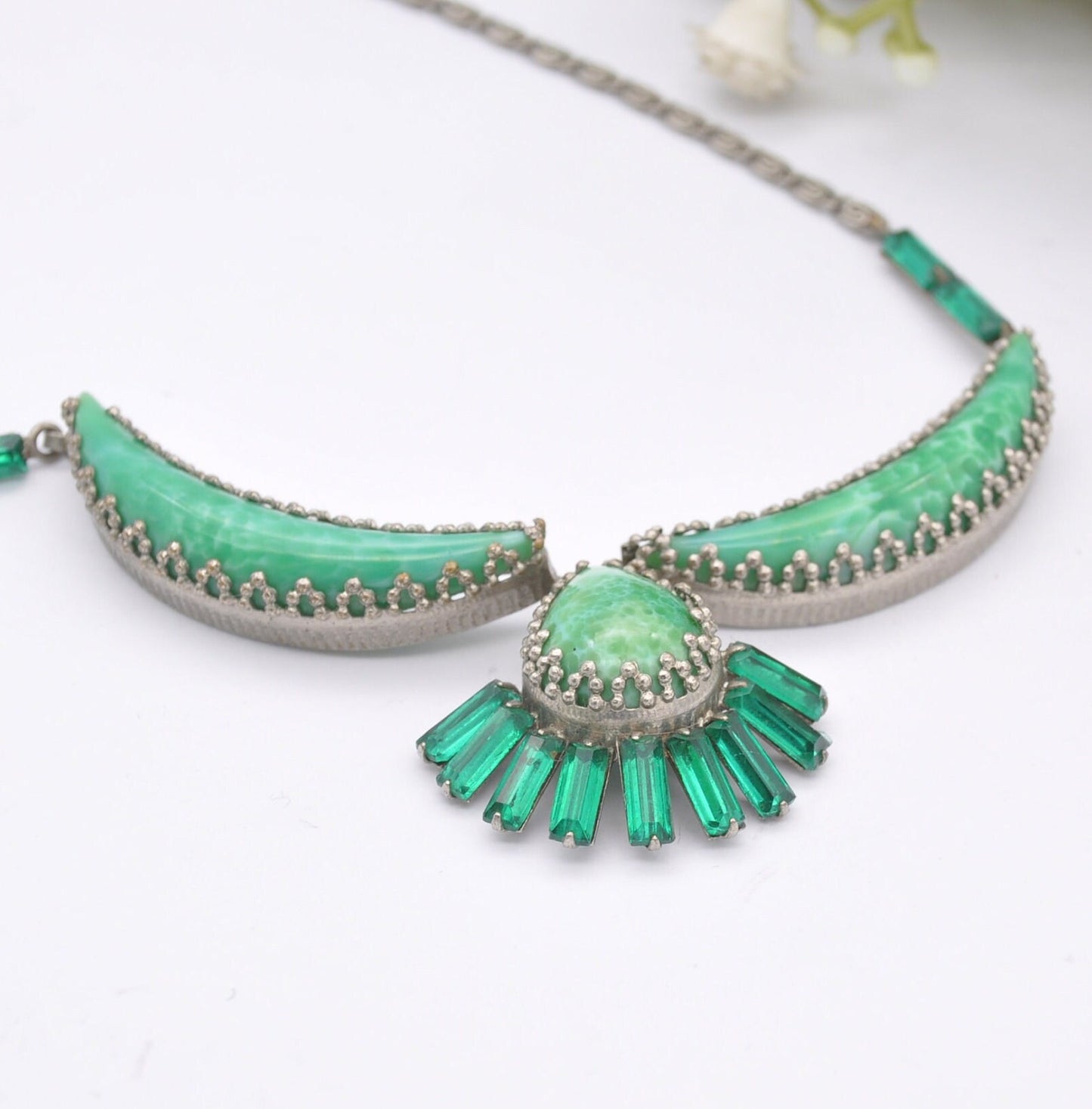 Vintage Green Peking Glass Statement Necklace with Czech Filigree