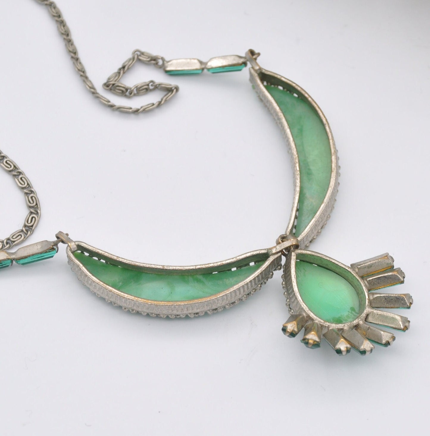 Vintage Green Peking Glass Statement Necklace with Czech Filigree