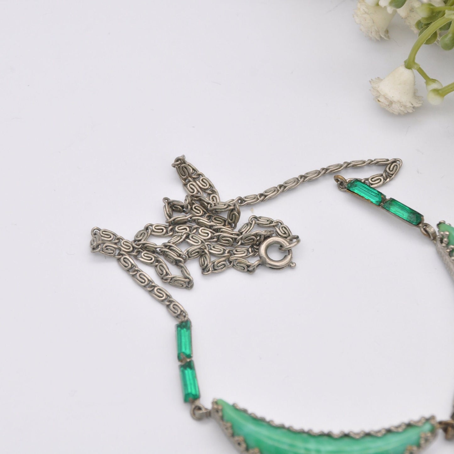 Vintage Green Peking Glass Statement Necklace with Czech Filigree