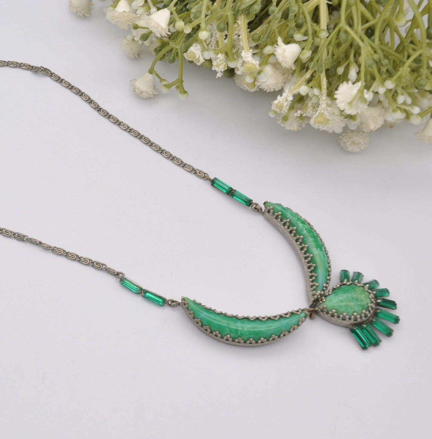 Vintage Green Peking Glass Statement Necklace with Czech Filigree