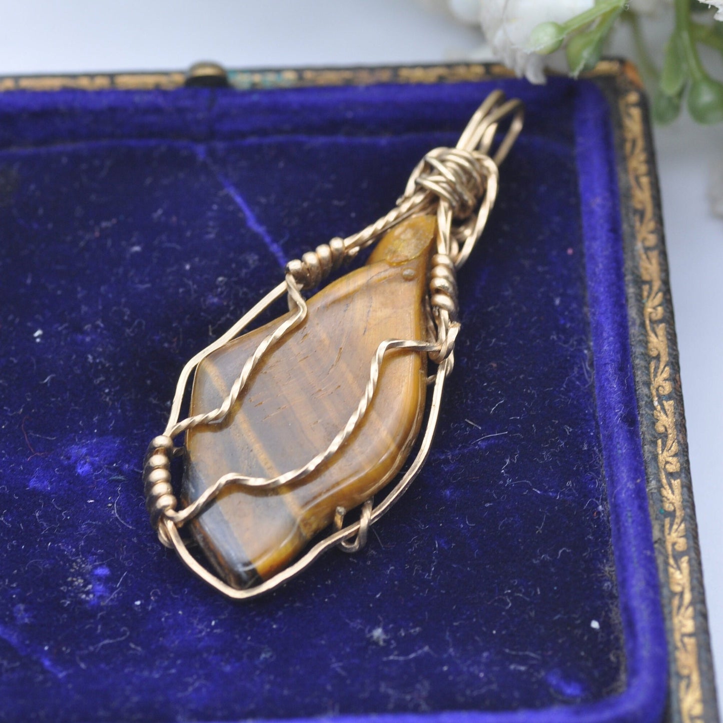 Vintage Tiger's Eye Gemstone in Rolled Gold Wirework Pendant