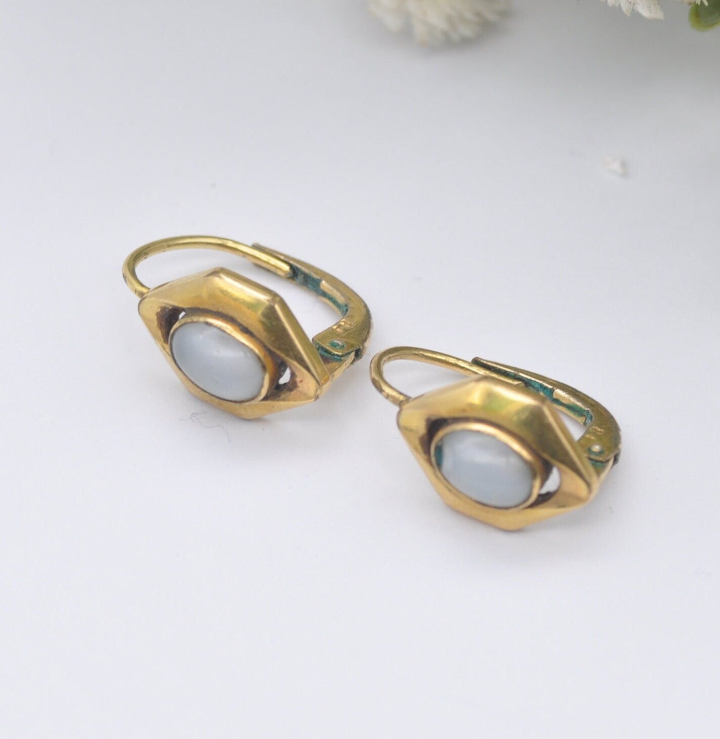 Vintage Rolled Gold Stud Earrings with Frosted Opalised Glass Oval Stones - Mid-Century Studs | Unusual Hexagon Shape