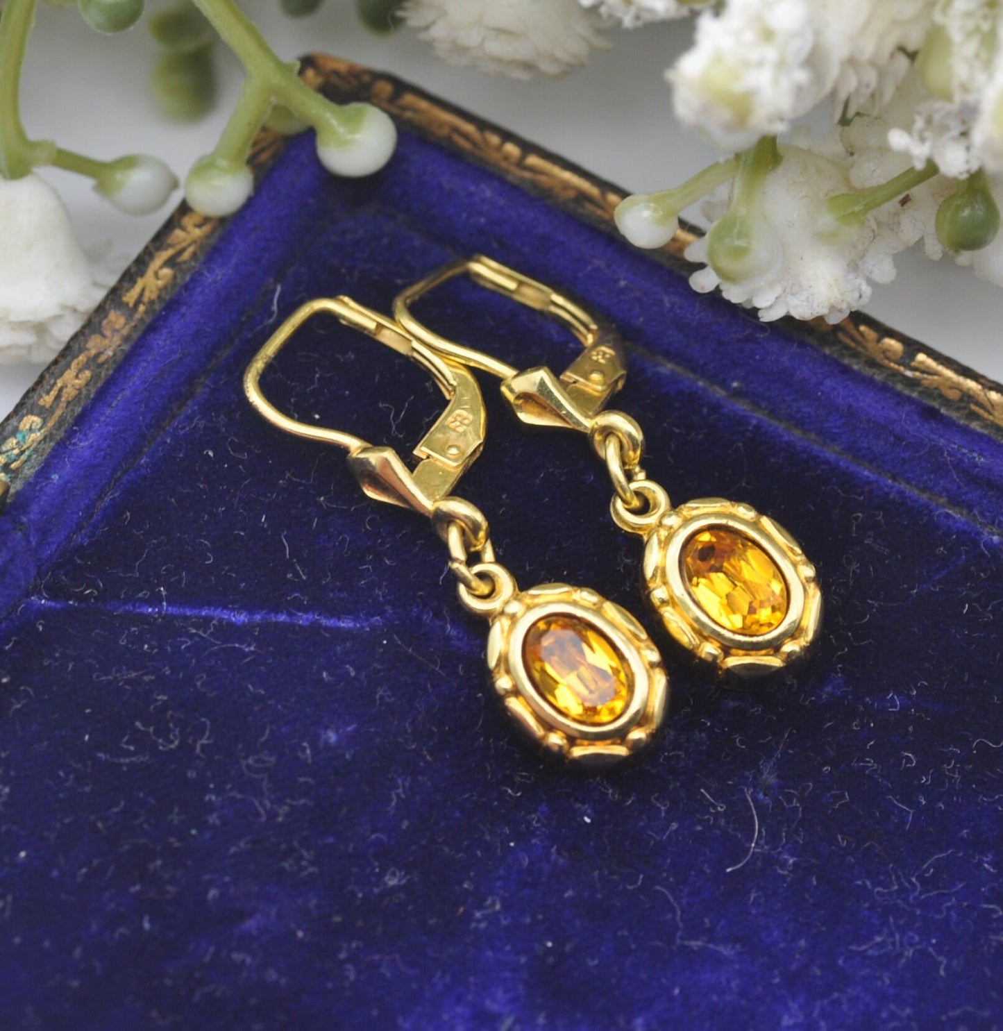 Vintage Rolled Gold Orange Paste Drop Earrings - FB | Ornate Bezel Setting | Mid-Century Costume Jewellery