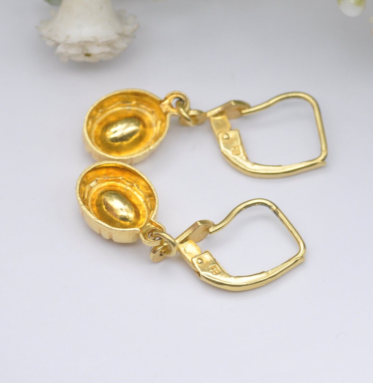 Vintage Rolled Gold Orange Paste Drop Earrings - FB | Ornate Bezel Setting | Mid-Century Costume Jewellery