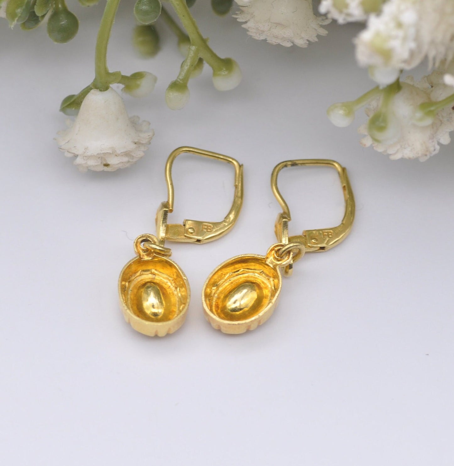 Vintage Rolled Gold Orange Paste Drop Earrings - FB | Ornate Bezel Setting | Mid-Century Costume Jewellery