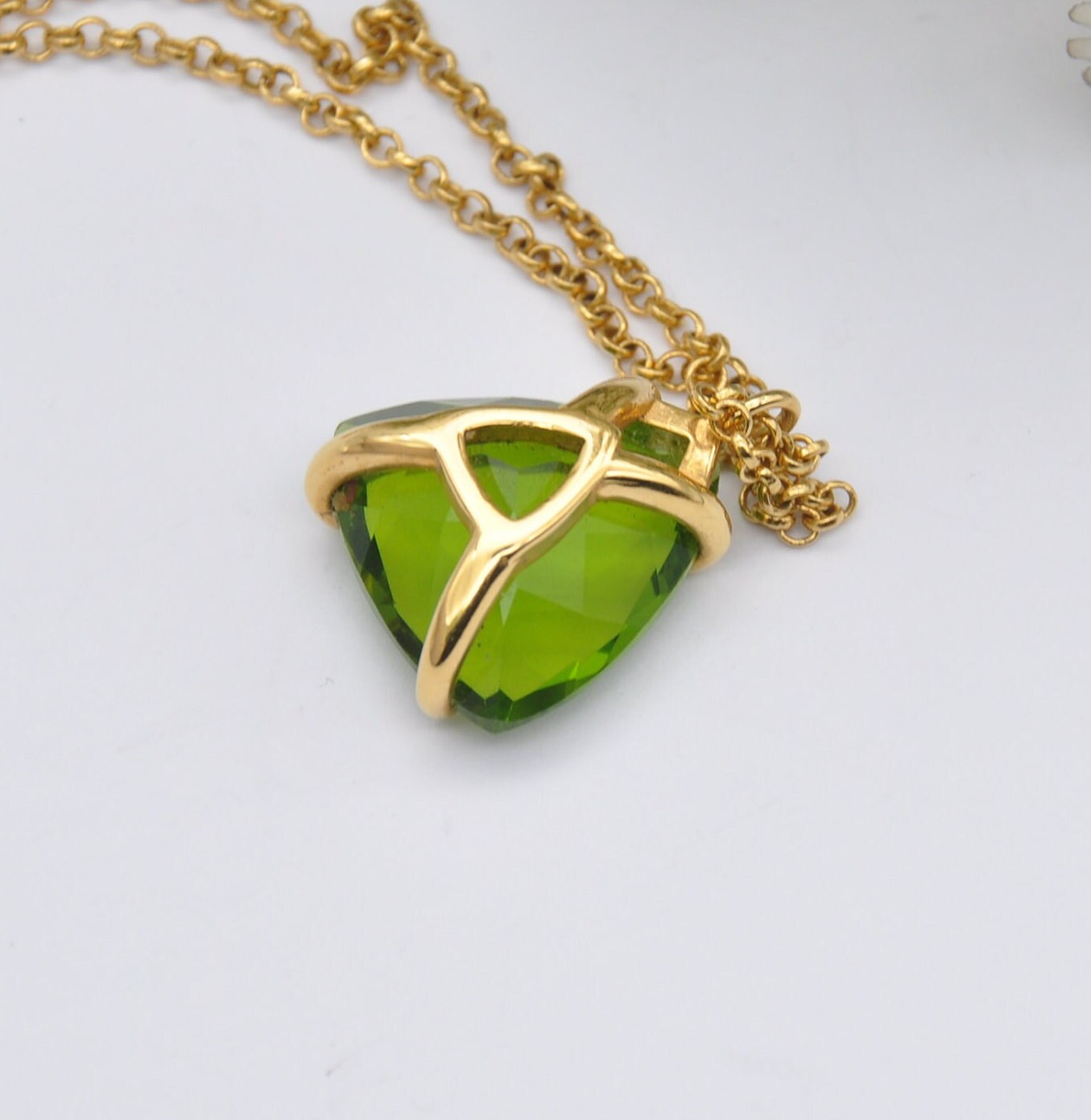 Vintage Gold Filled Green Glass Stone Pendant Necklace on Original Chain - Quality Mid-Century Costume Jewellery