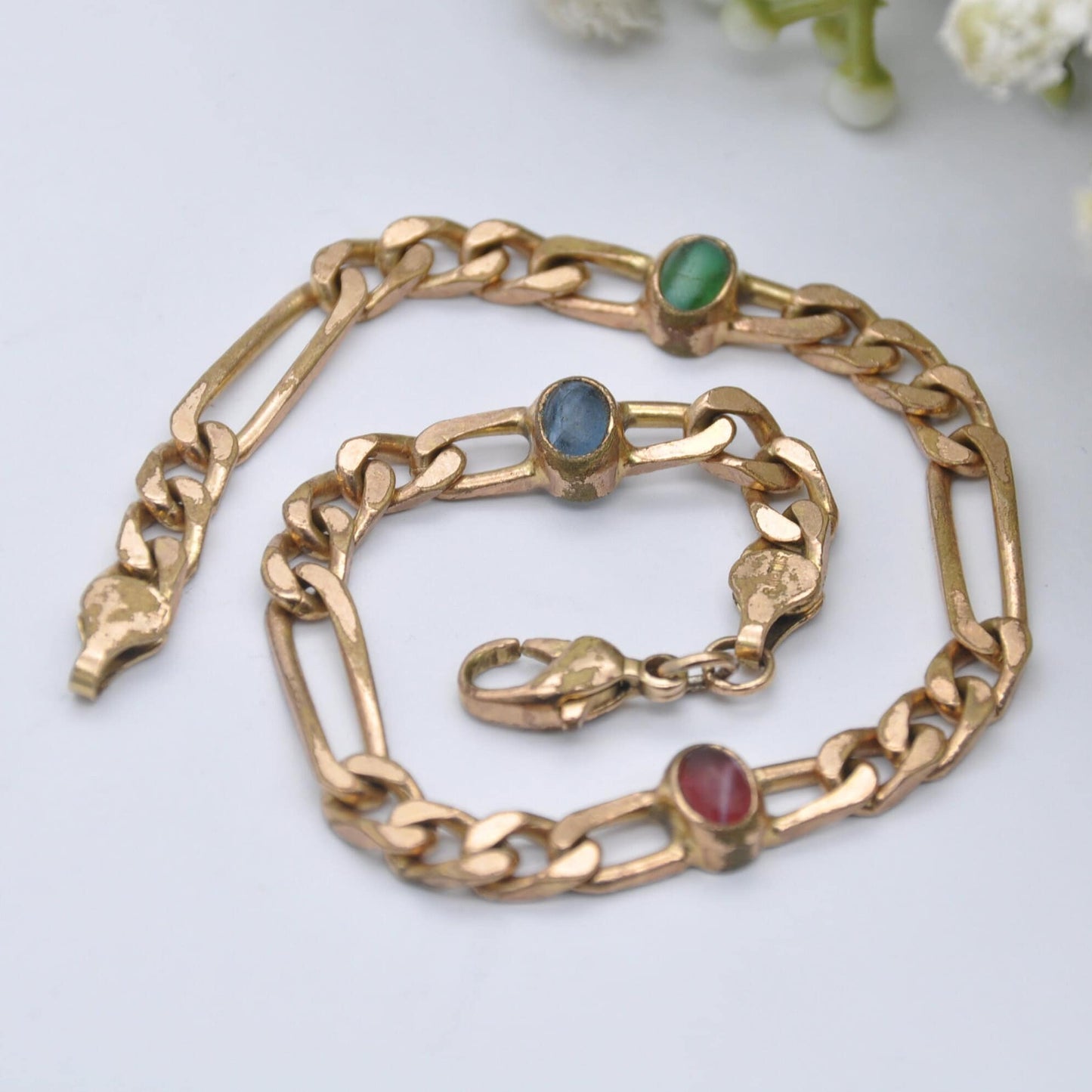 Vintage Rolled Gold Curb Link Bracelet with Multi-Coloured Glass Stones - Blue Green Red | Unusual Chunky Design