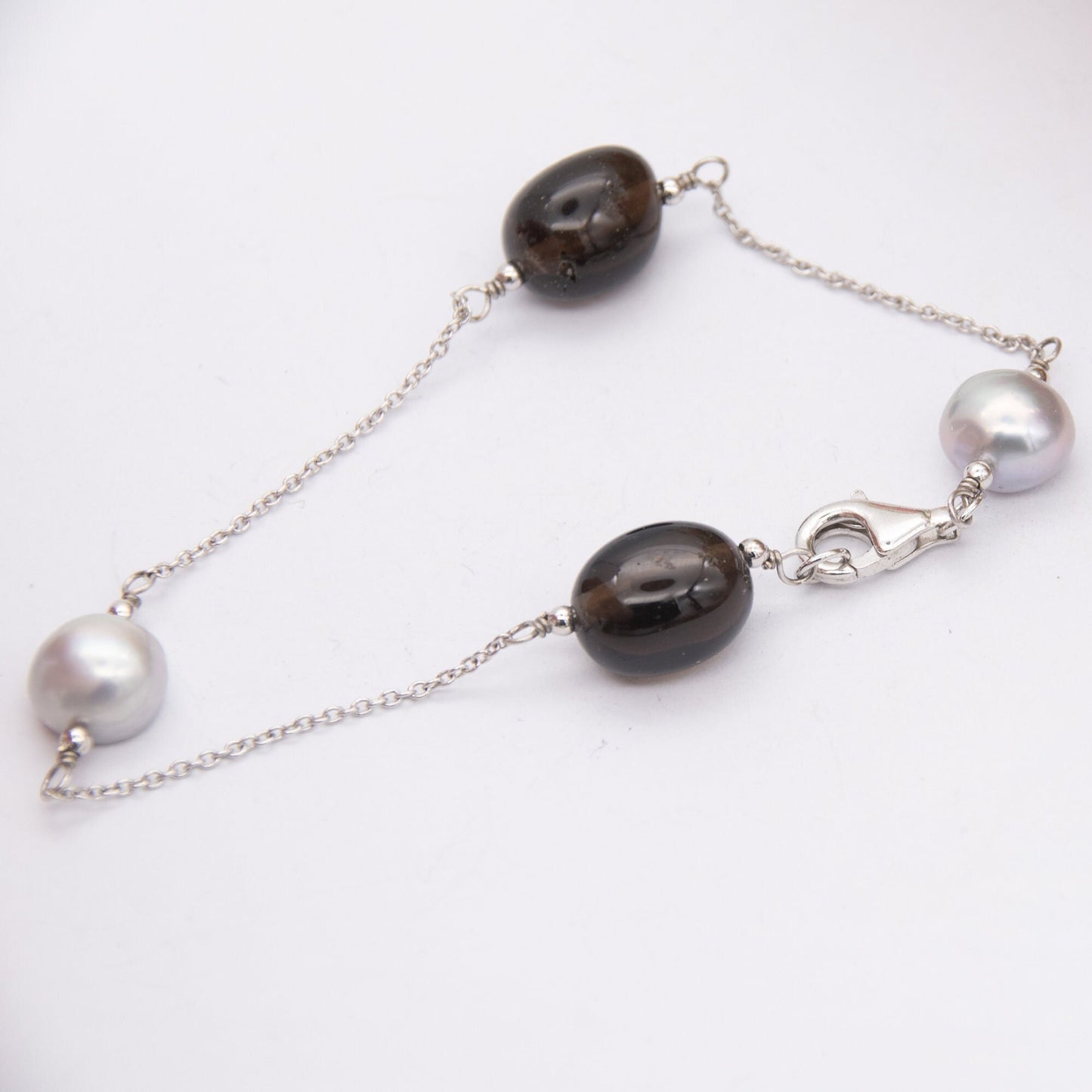 Sterling Silver Pearl Smoky Quartz Chain Bracelet - Minimalist Gemstone Design | Delicate Jewellery