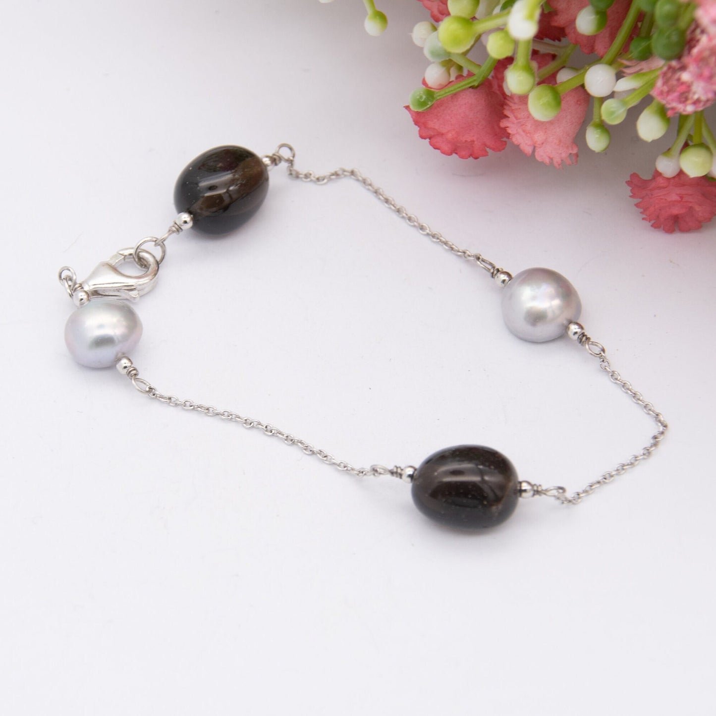 Sterling Silver Pearl Smoky Quartz Chain Bracelet - Minimalist Gemstone Design | Delicate Jewellery