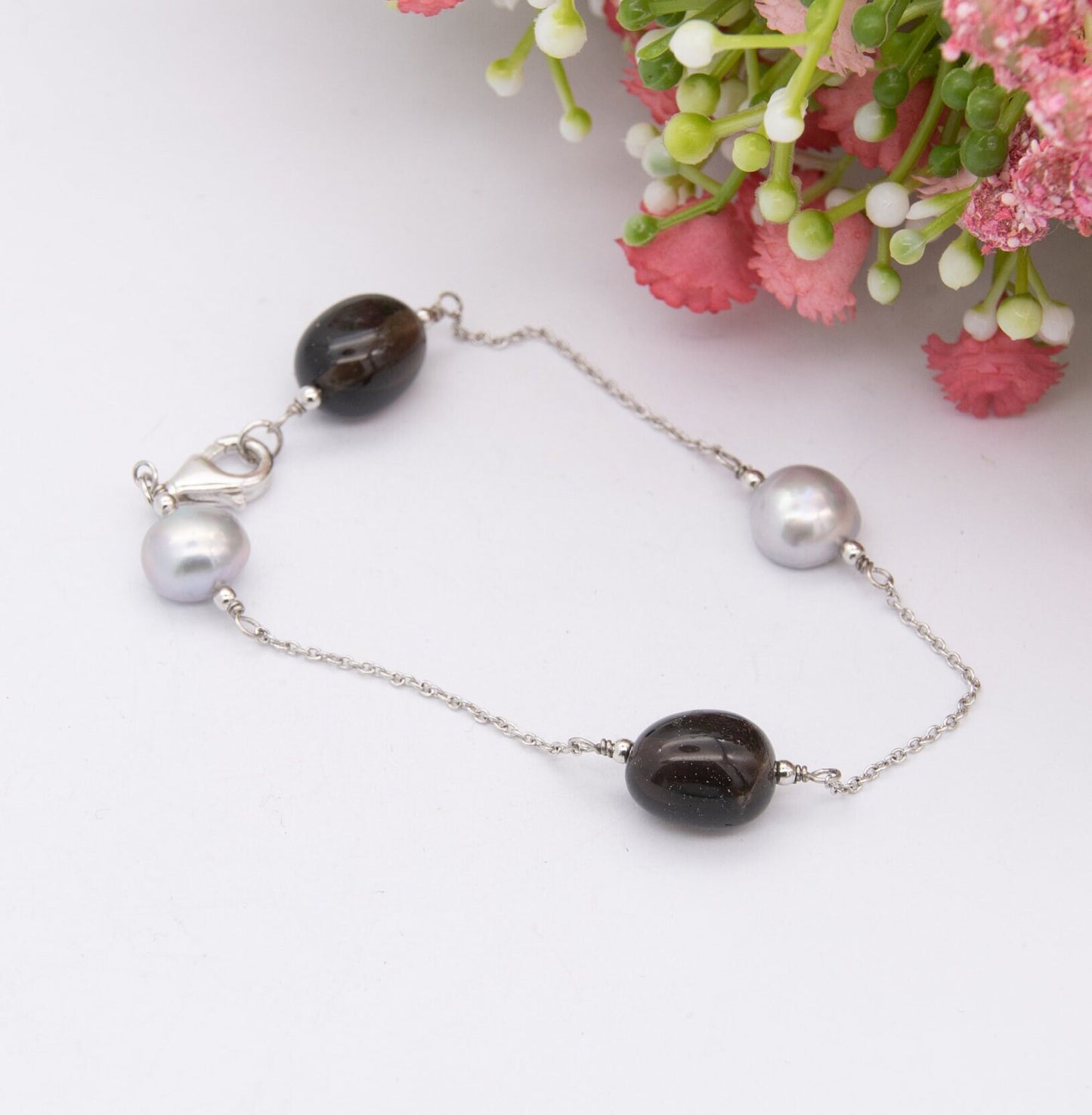 Sterling Silver Pearl Smoky Quartz Chain Bracelet - Minimalist Gemstone Design | Delicate Jewellery