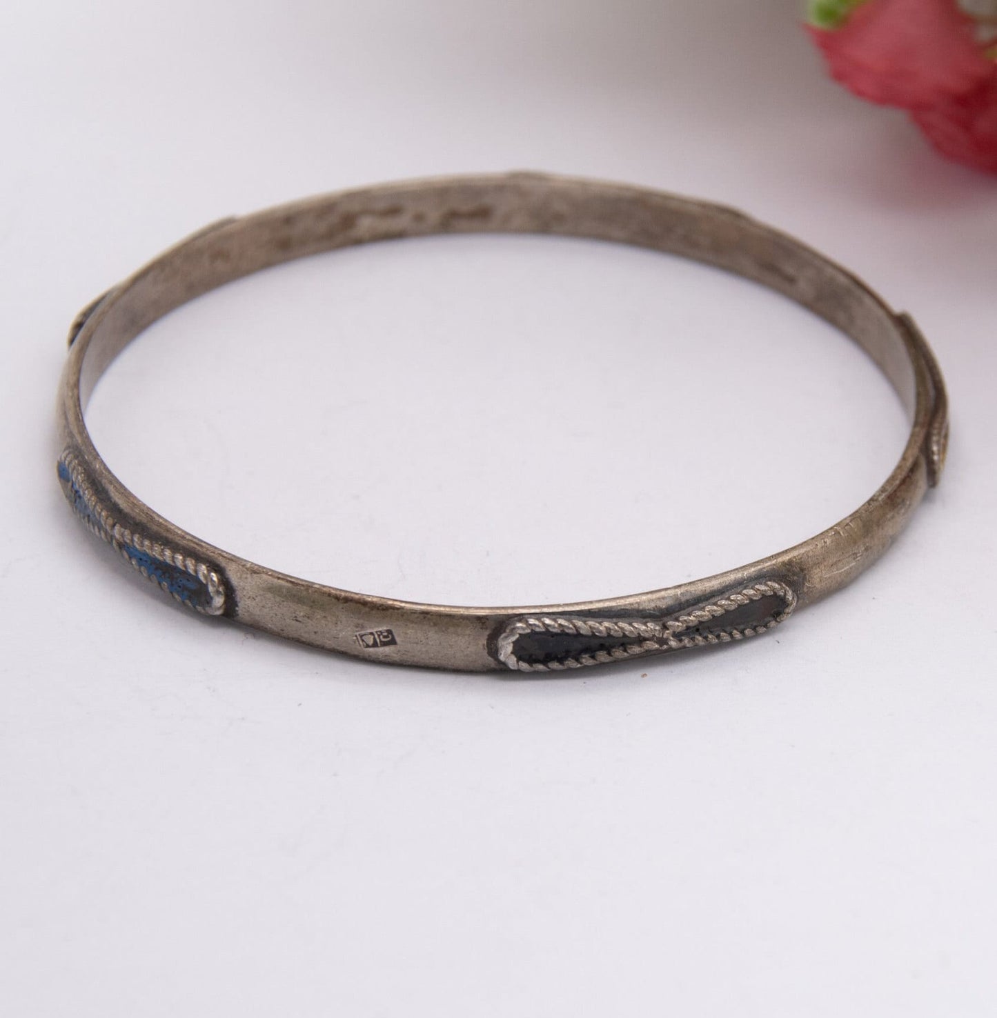 Vintage Egyptian Silver Bangle with Enamel and Twisted Rope Design - Mid-Century Egypt Jewellery | For Children