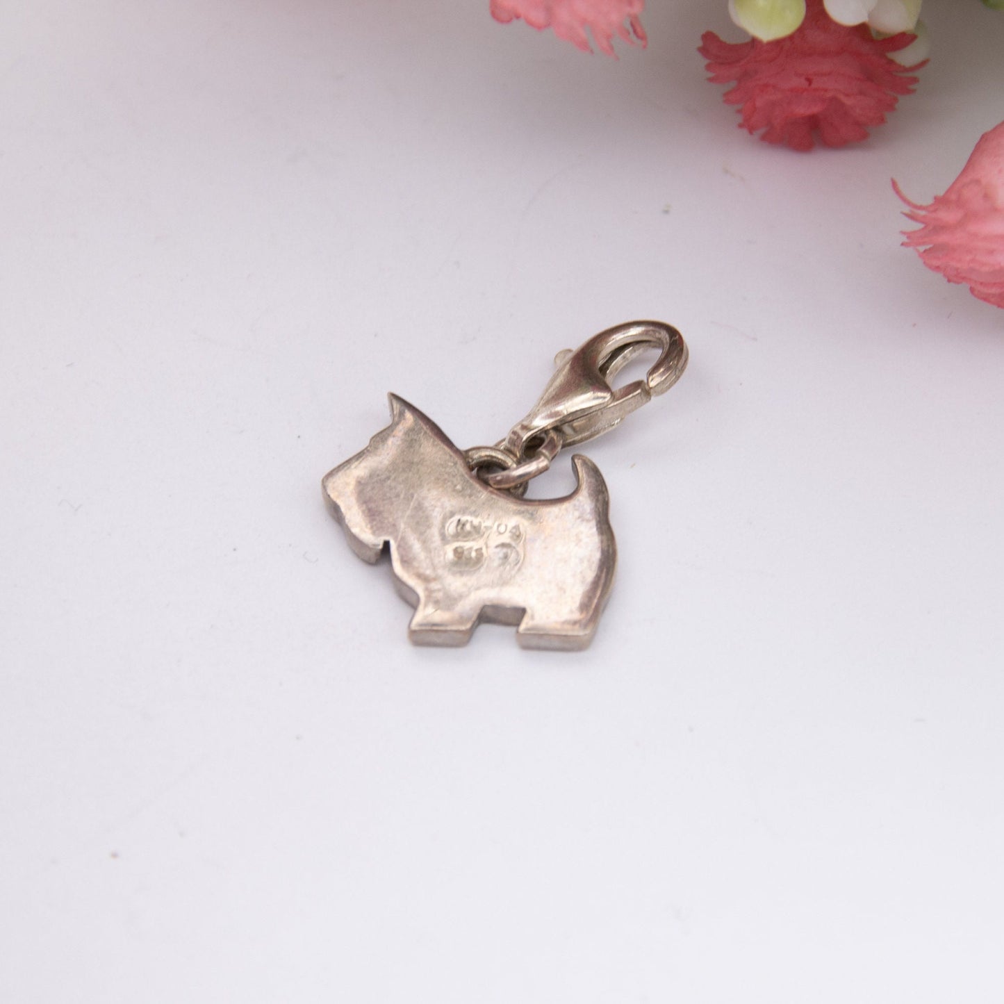 Kit Heath Sterling Silver Dog Charm with Clasp 2004 - Scottish Terrier Scottie Dog Pendant | White Enamel