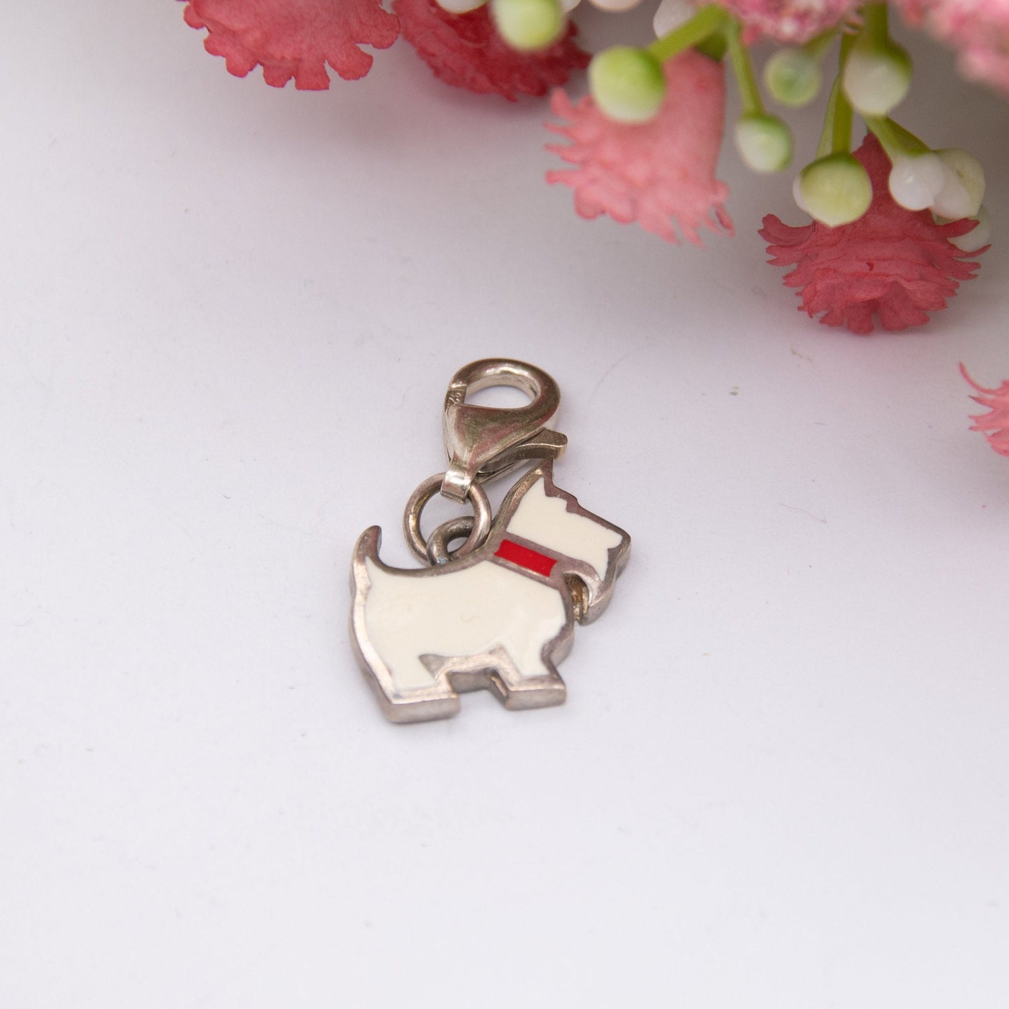 Kit Heath Sterling Silver Dog Charm with Clasp 2004 - Scottish Terrier Scottie Dog Pendant | White Enamel