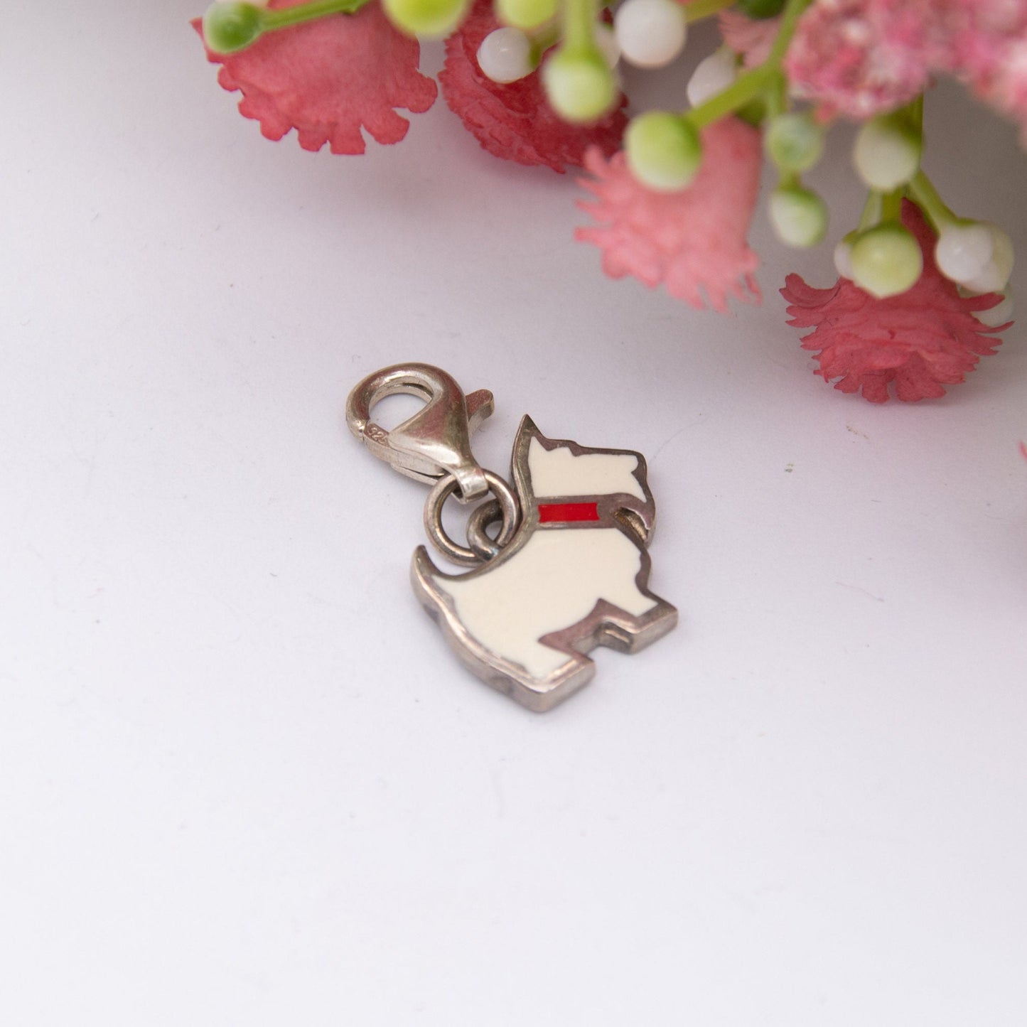 Kit Heath Sterling Silver Dog Charm with Clasp 2004 - Scottish Terrier Scottie Dog Pendant | White Enamel