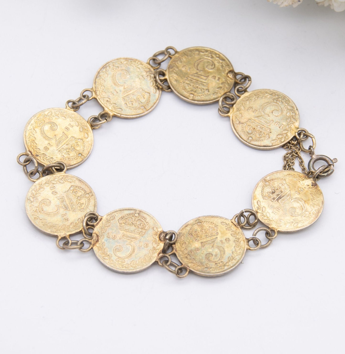 Antique Silver Threepence Coin Bracelet George V 1912 to 1919 - Gold Plated Sterling Silver Coin Jewellery