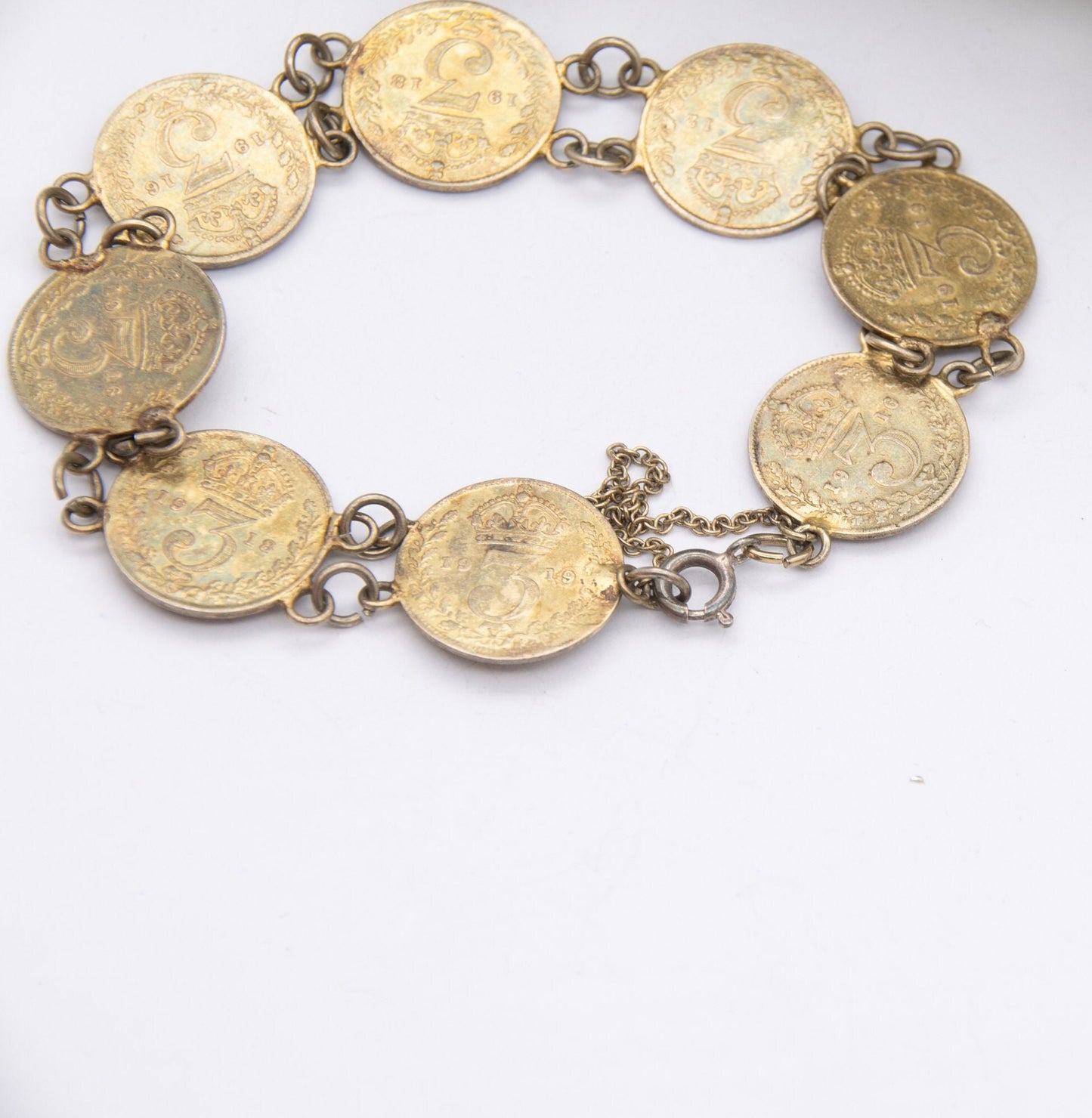 Antique Silver Threepence Coin Bracelet George V 1912 to 1919 - Gold Plated Sterling Silver Coin Jewellery