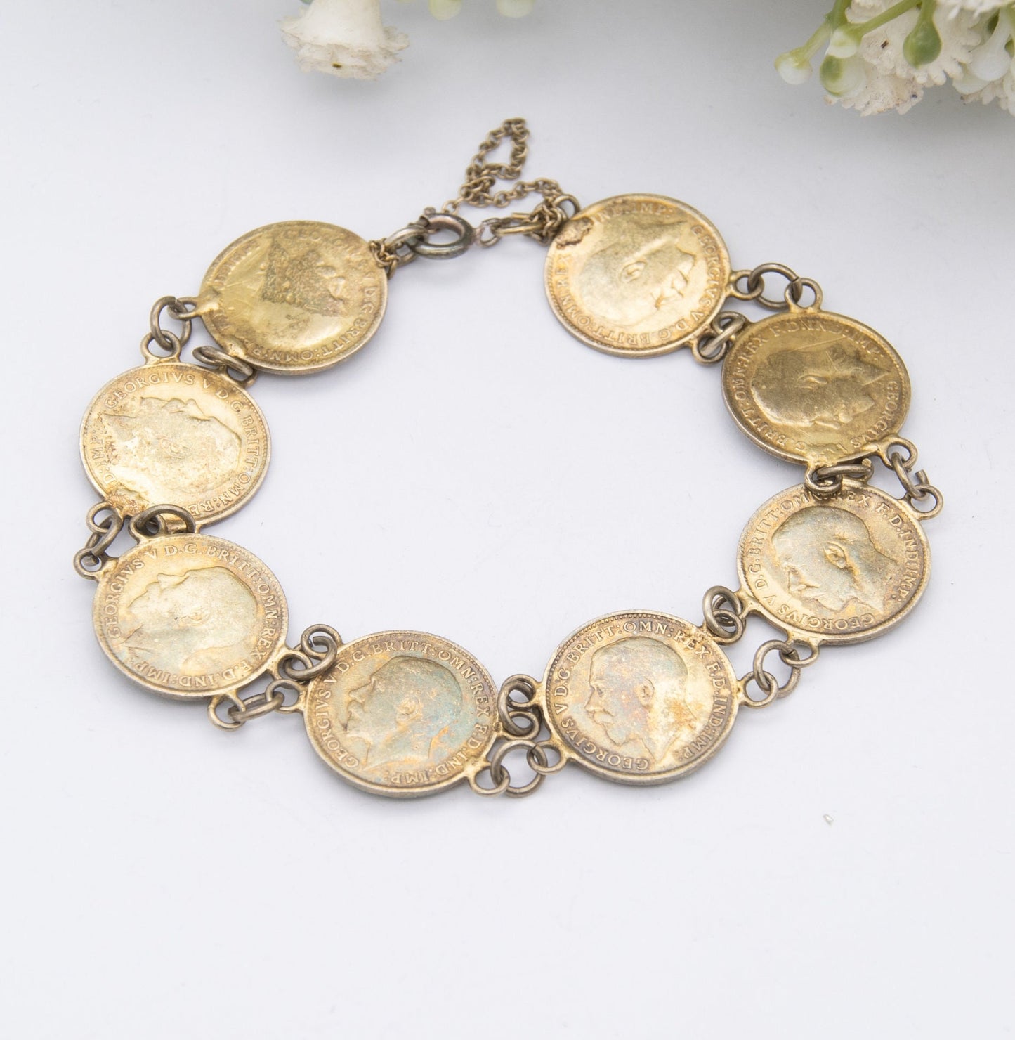 Antique Silver Threepence Coin Bracelet George V 1912 to 1919 - Gold Plated Sterling Silver Coin Jewellery