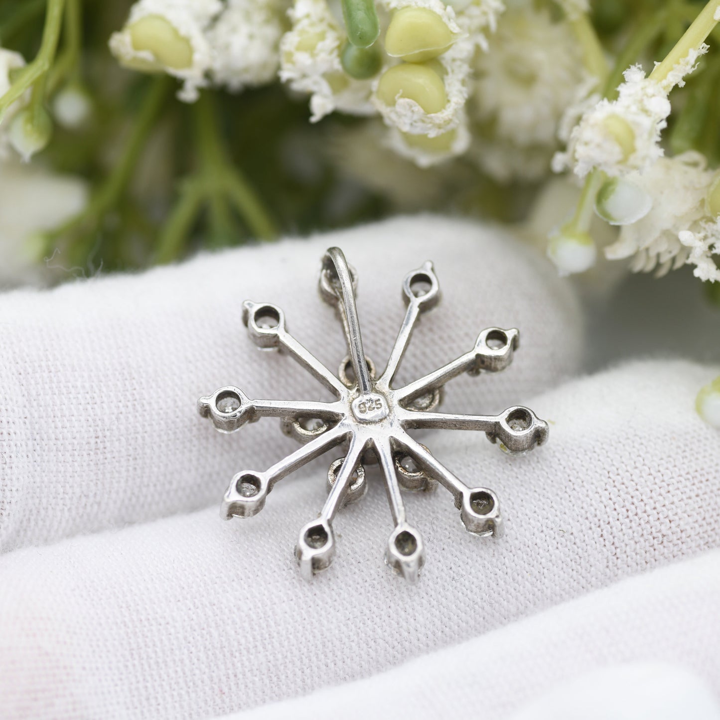 Vintage Sterling Silver Clear Stone Pendant - Sparkly Snowflake Shape | Open Flower Shape