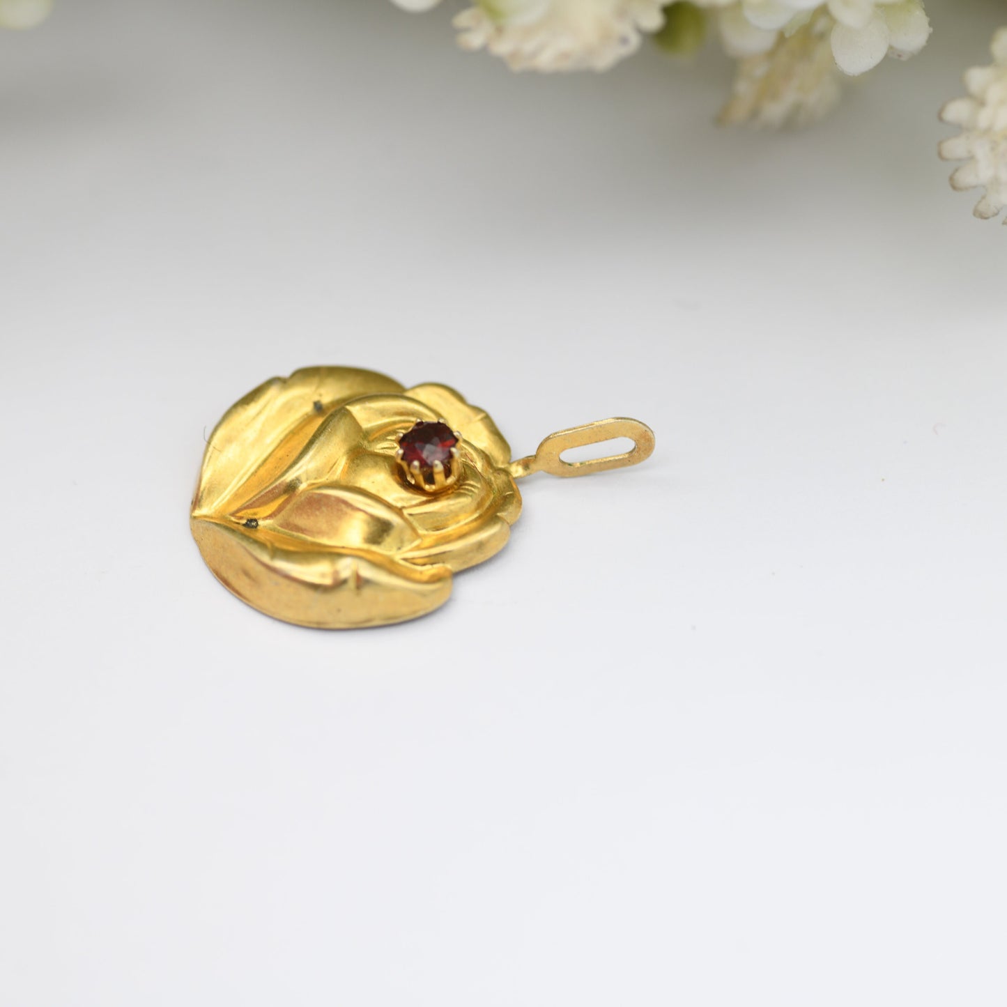 Vintage Sterling Silver Garnet Gold Plated Rose Flower Pendant