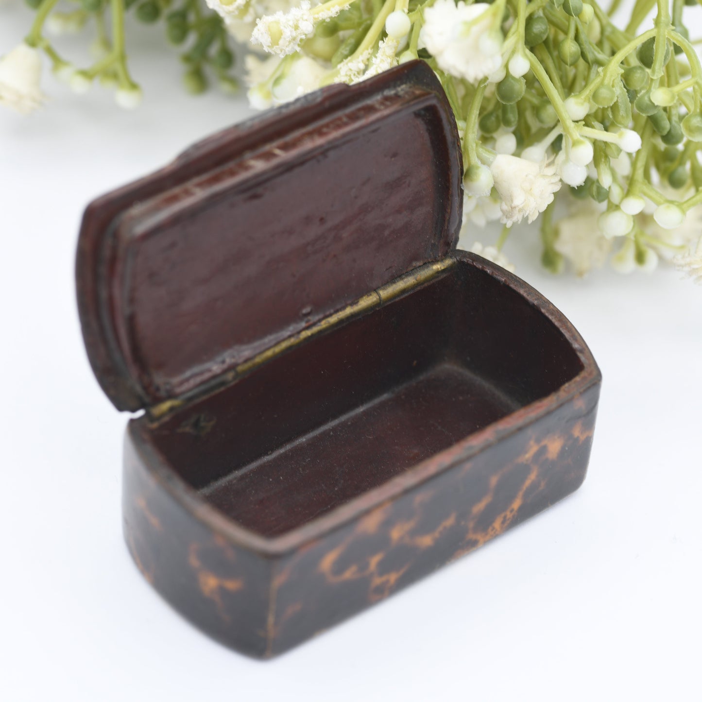 Antique Faux Tortoiseshell Paper Mache Snuff Box Trinket Box with Silver Inlay