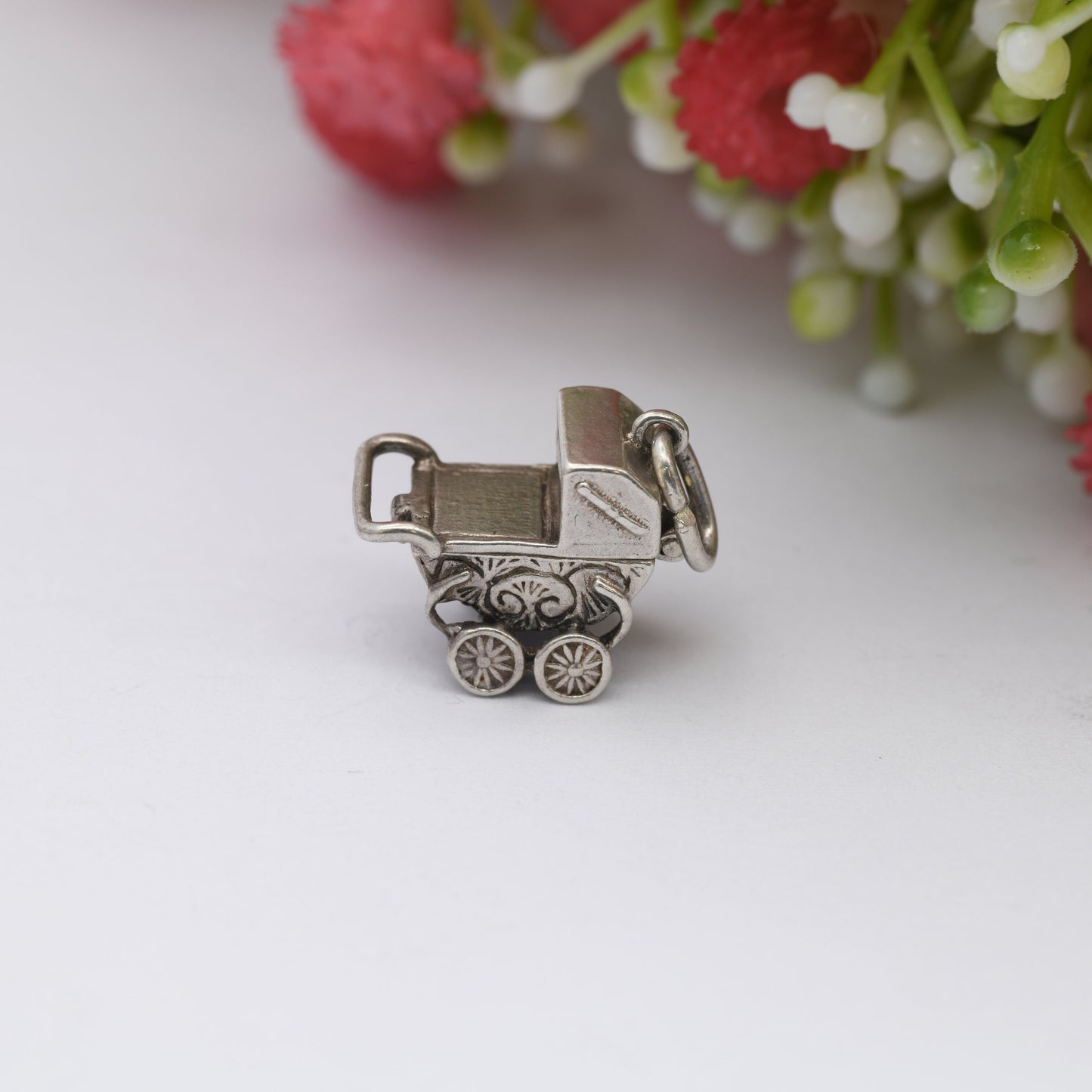Vintage Nuvo Sterling Silver Pram Charm Opening to Reveal a Baby - Antique Style Pushchair Pendant