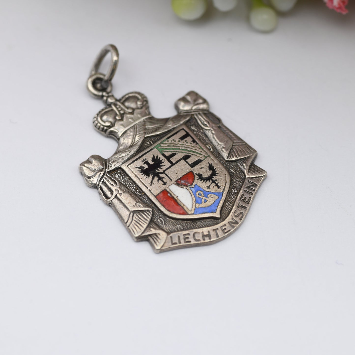 Vintage Silver and Enamel Liechtenstein Souvenir Shield Charm Pendant - Coat of Arms Crest | European .800 Silver