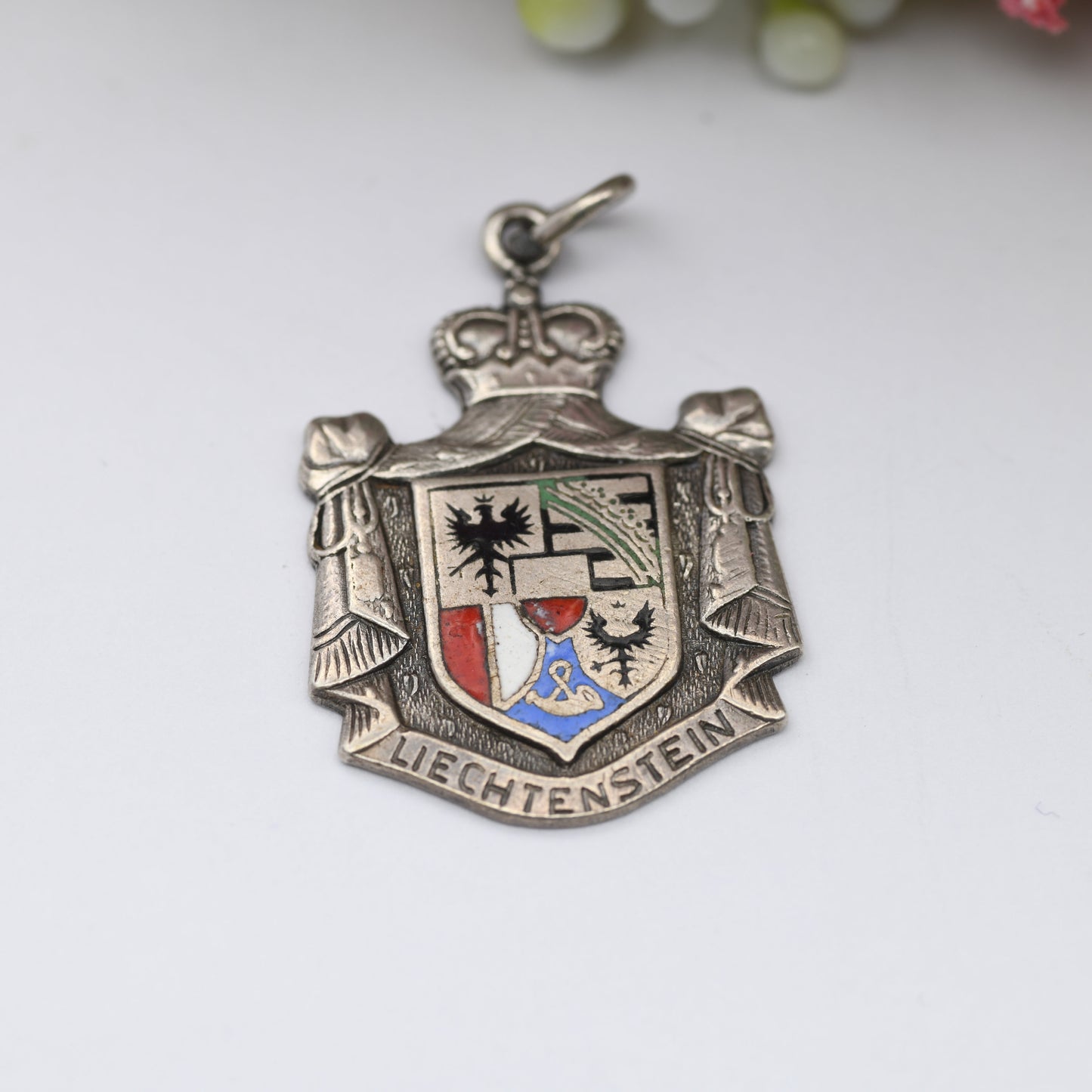 Vintage Silver and Enamel Liechtenstein Souvenir Shield Charm Pendant - Coat of Arms Crest | European .800 Silver