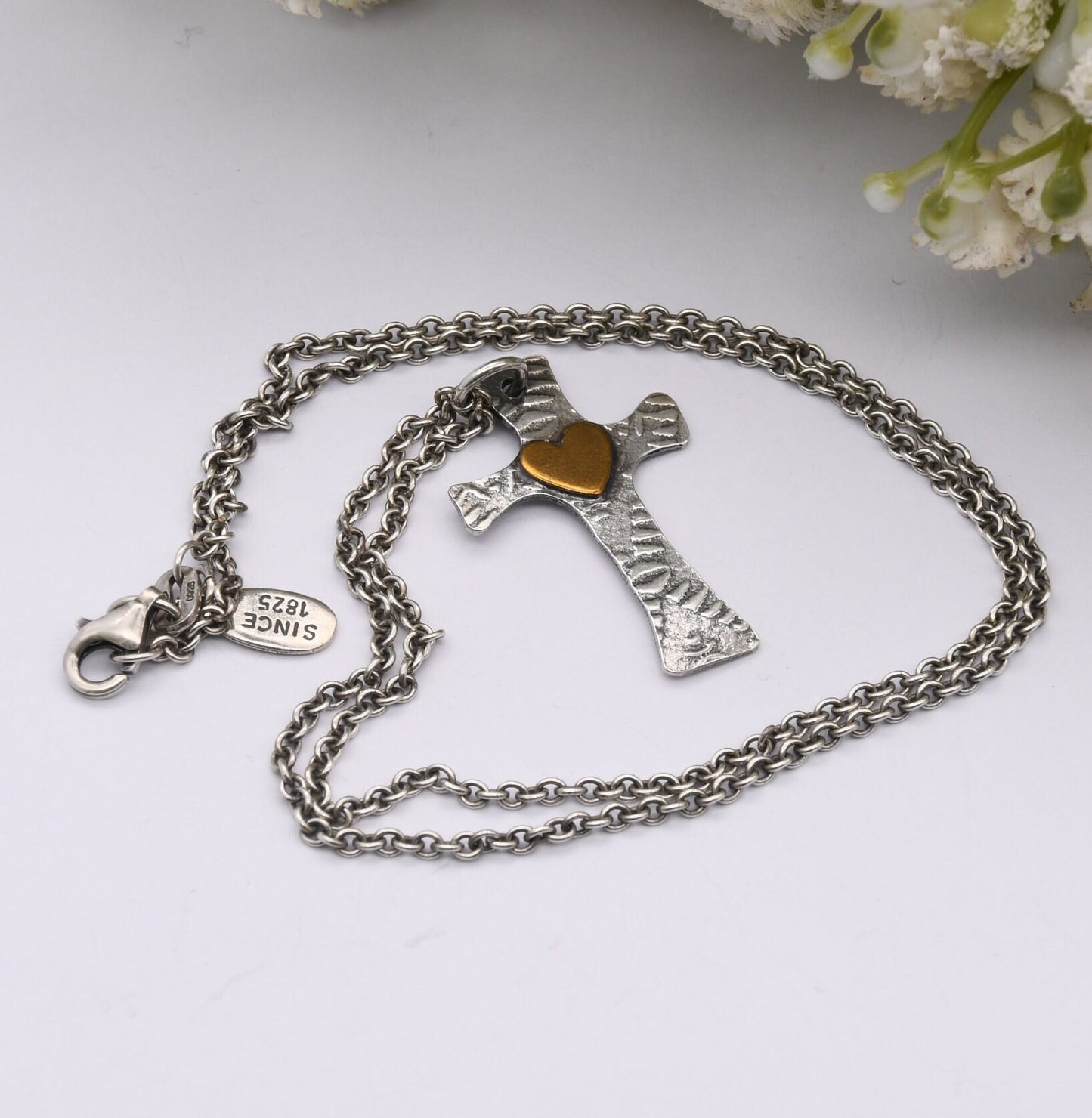 Vintage Sterling Silver Brass Heart Cross Pendant Necklace on a Cable Link Chain by UNID Dutch Silver Makers