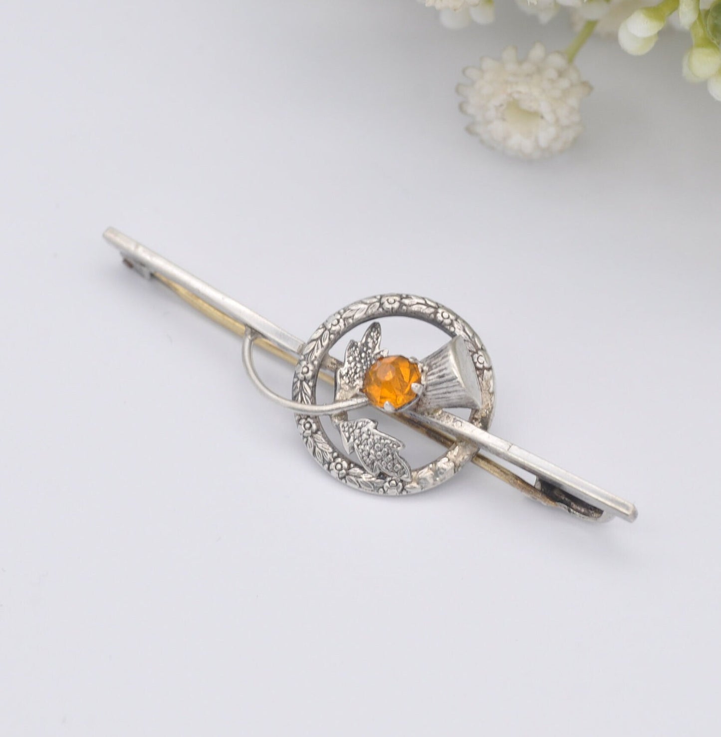Antique Ward Brothers Scottish Sterling Silver Thistle Bar Brooch - Orange Paste | Floral Wreath