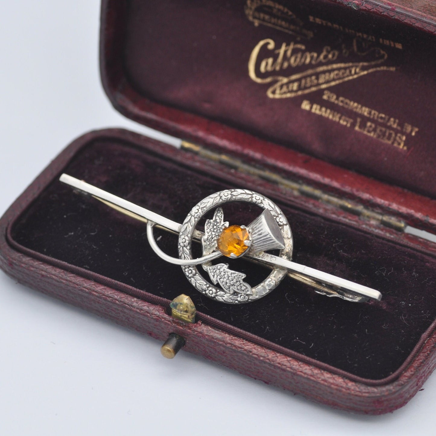 Antique Ward Brothers Scottish Sterling Silver Thistle Bar Brooch - Orange Paste | Floral Wreath