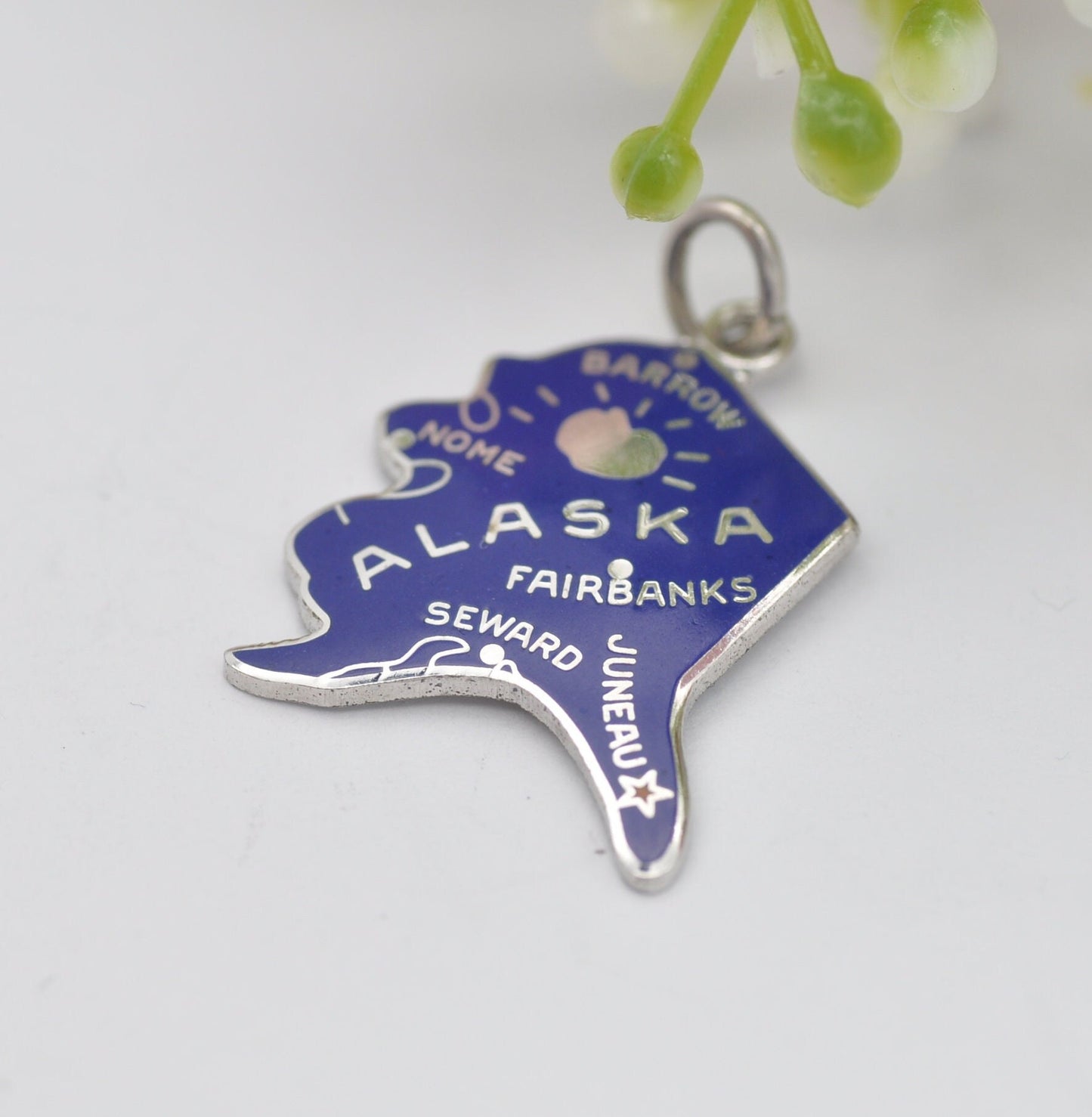 Vintage Sterling Silver Enamel Alaska Map Charm Pendant - American Alaska Souvenir Jewellery