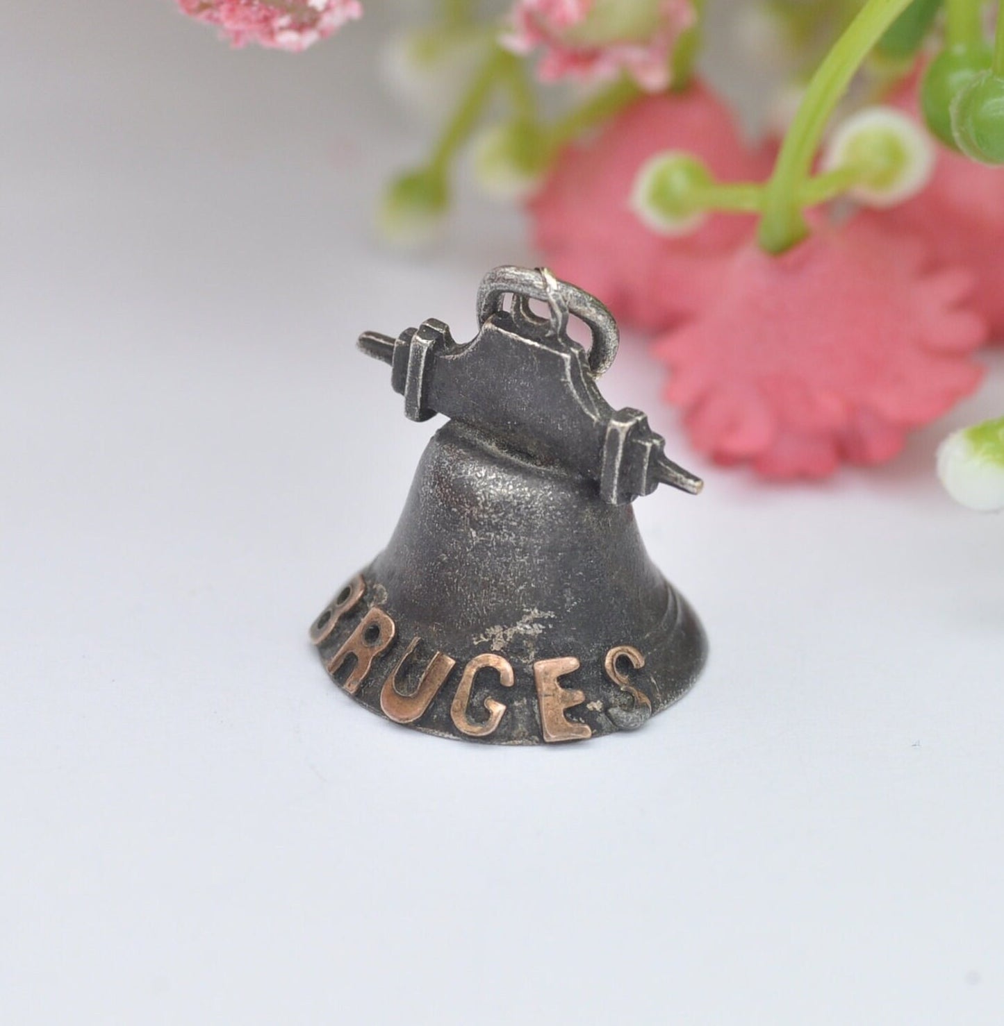 Antique Sterling Silver and Gold Bruges Bell Charm Pendant - Belgian Tourist Souvenir