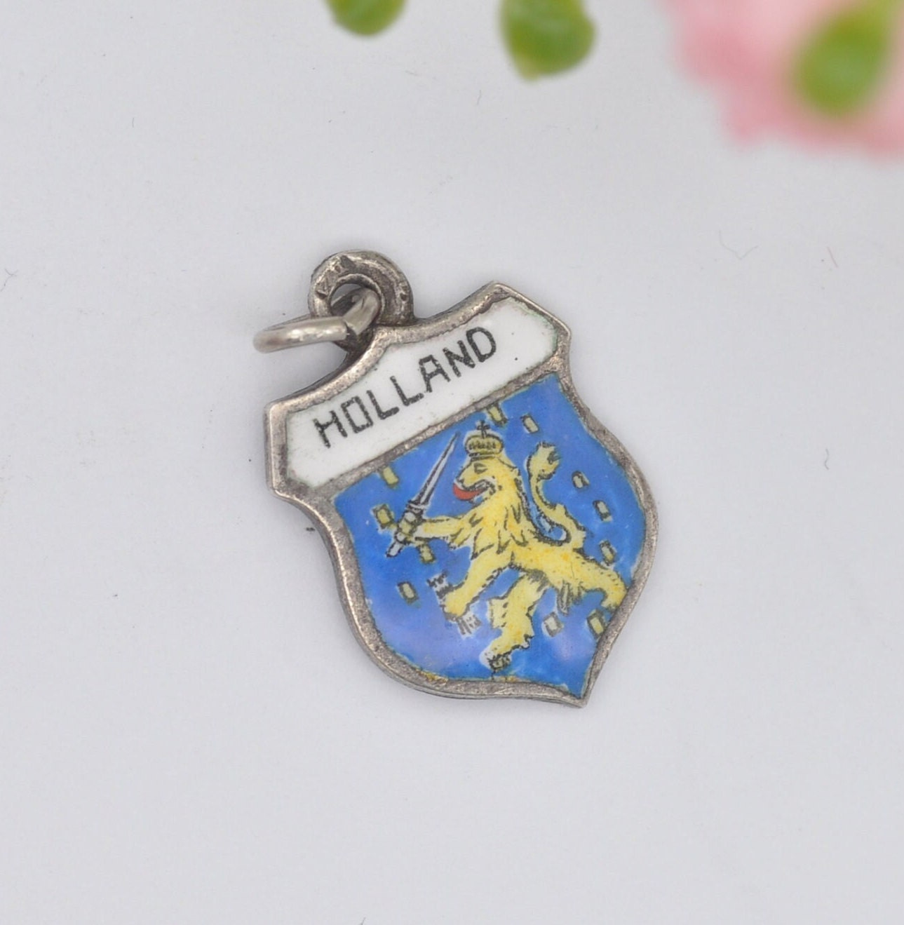 Vintage Silver Enamel Holland Souvenir Shield Charm Pendant - Netherlands Tourist Charm