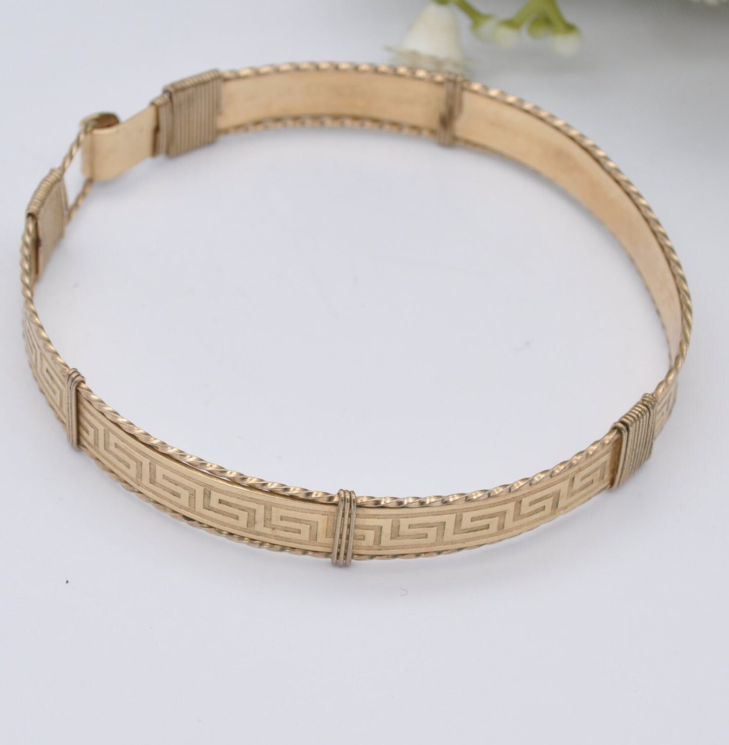 Vintage Rolled Gold Bangle Bracelet with Greek Key Meander Pattern