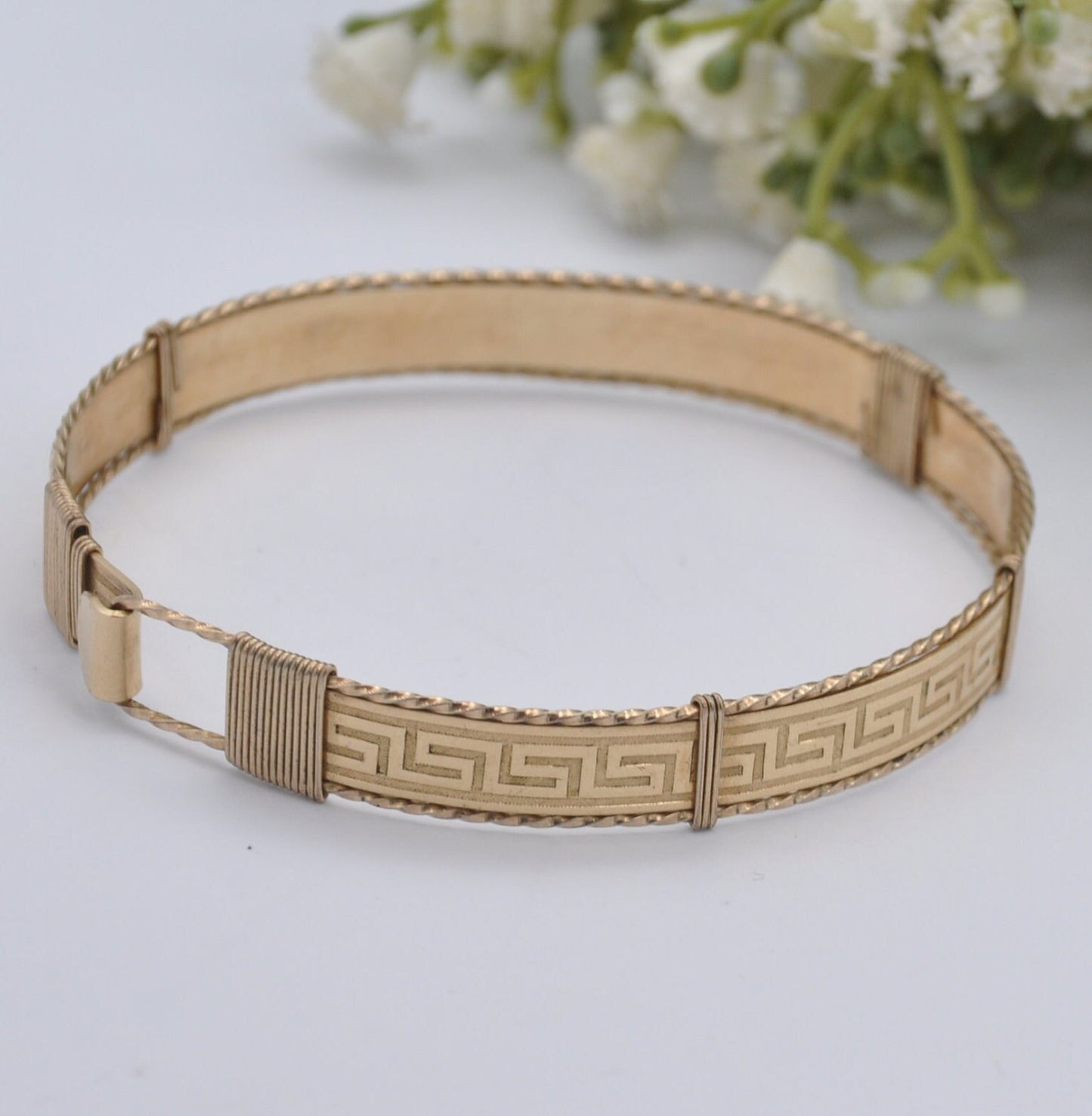 Vintage Rolled Gold Bangle Bracelet with Greek Key Meander Pattern