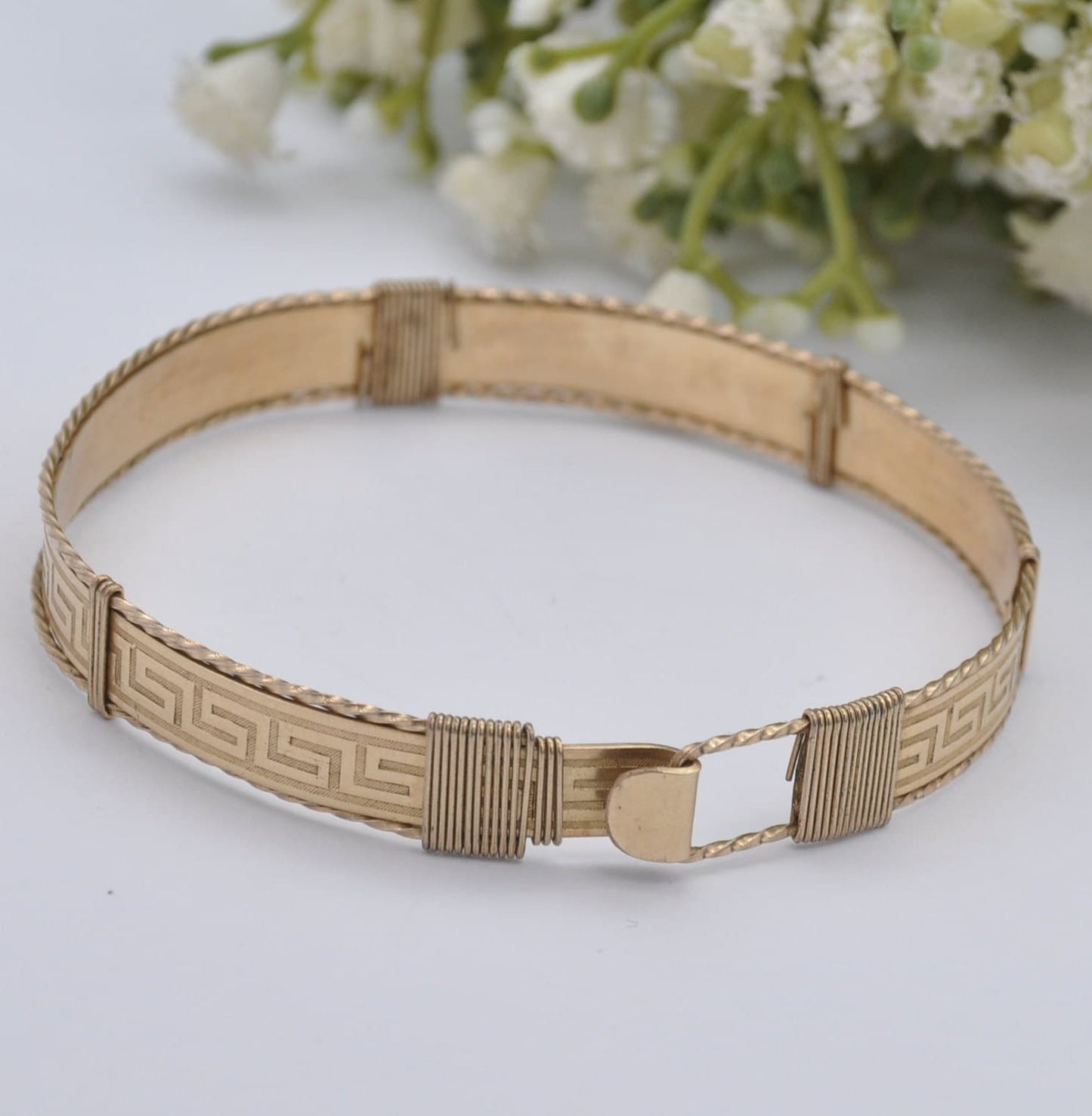 Vintage Rolled Gold Bangle Bracelet with Greek Key Meander Pattern