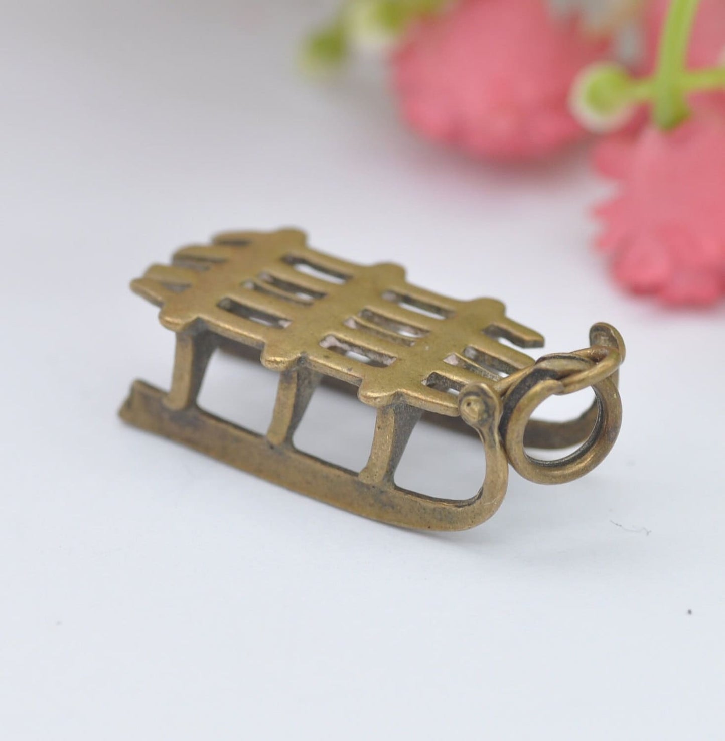 Antique Brass Sleigh Sledge Charm Pendant - Unusual Novelty Christmas Jewellery