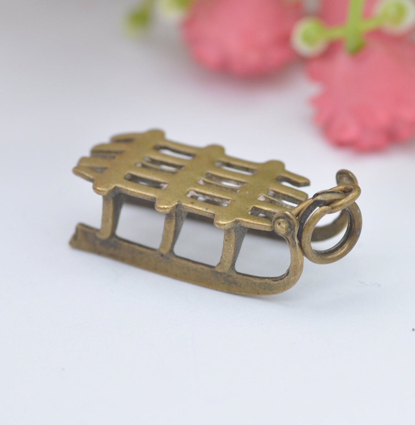 Antique Brass Sleigh Sledge Charm Pendant - Unusual Novelty Christmas Jewellery