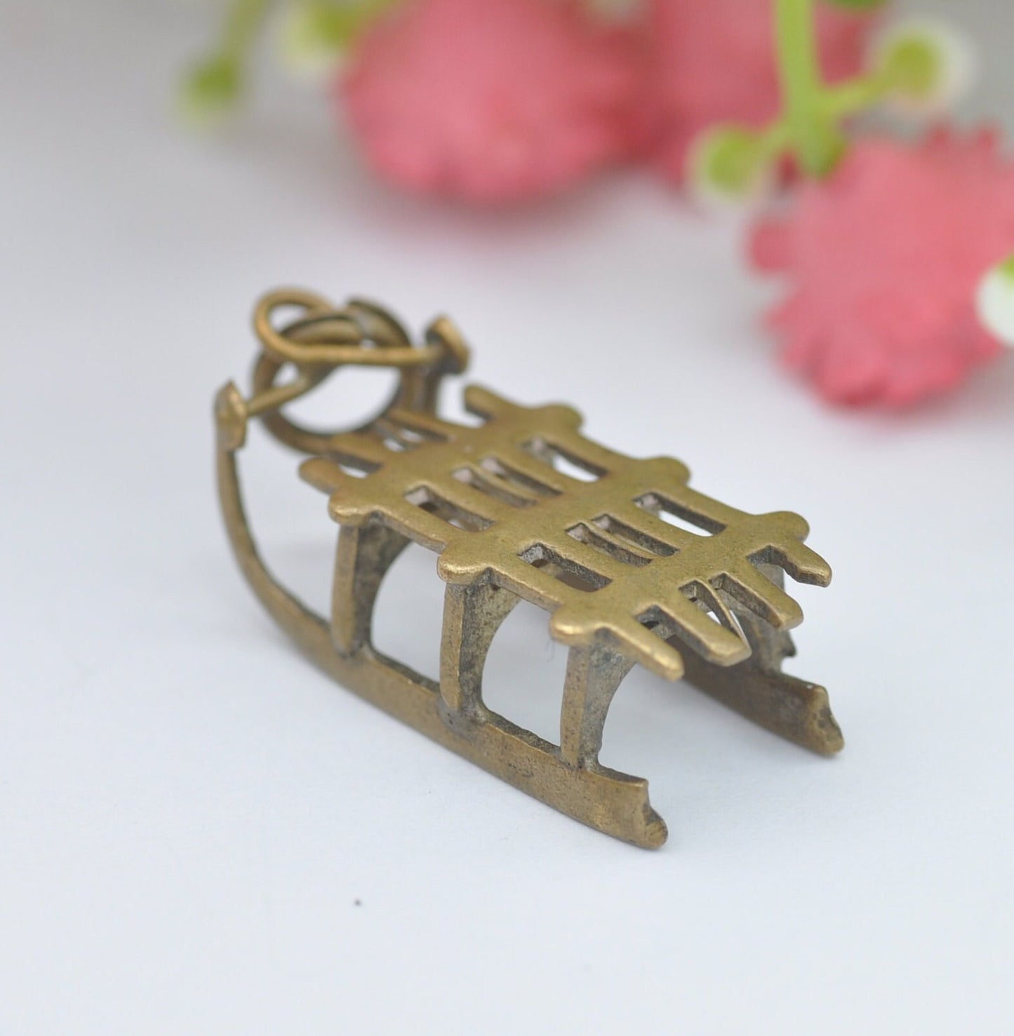 Antique Brass Sleigh Sledge Charm Pendant - Unusual Novelty Christmas Jewellery