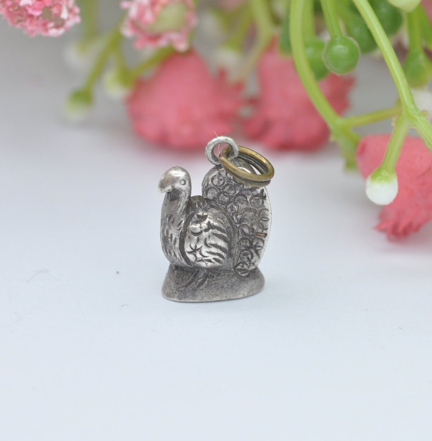 Vintage Silver Turkey Charm Pendant - Detailed Animal | Thanksgiving Bird