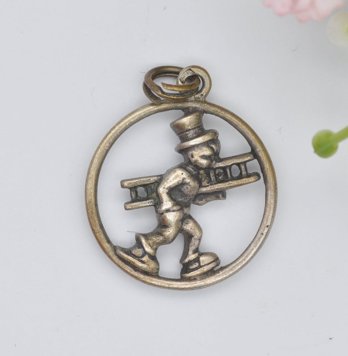 Vintage Silver Man Carrying Ladder Charm Pendant - Unusual Openwork Silver Charm | Cartoon Style Window Cleaner