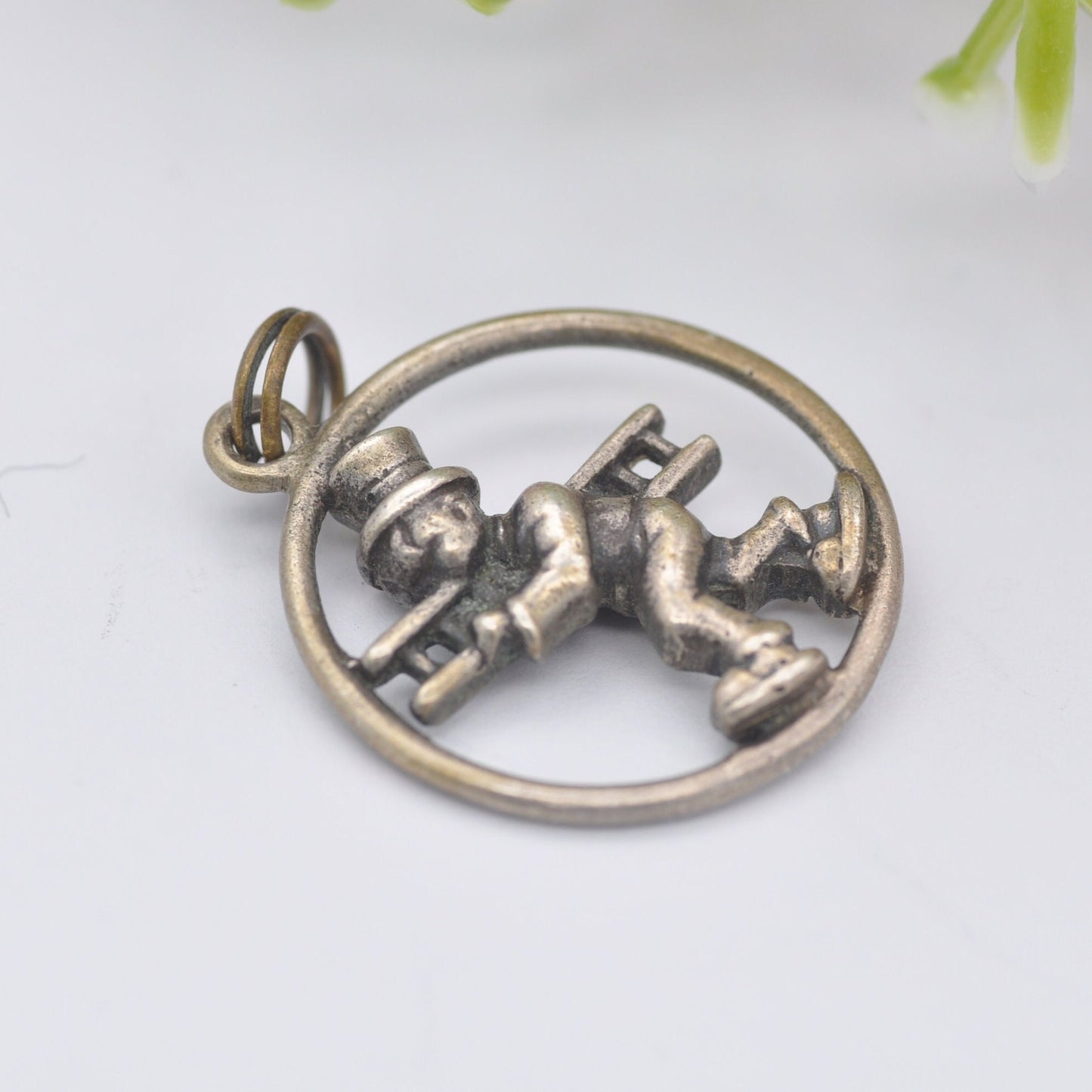 Vintage Silver Man Carrying Ladder Charm Pendant - Unusual Openwork Silver Charm | Cartoon Style Window Cleaner