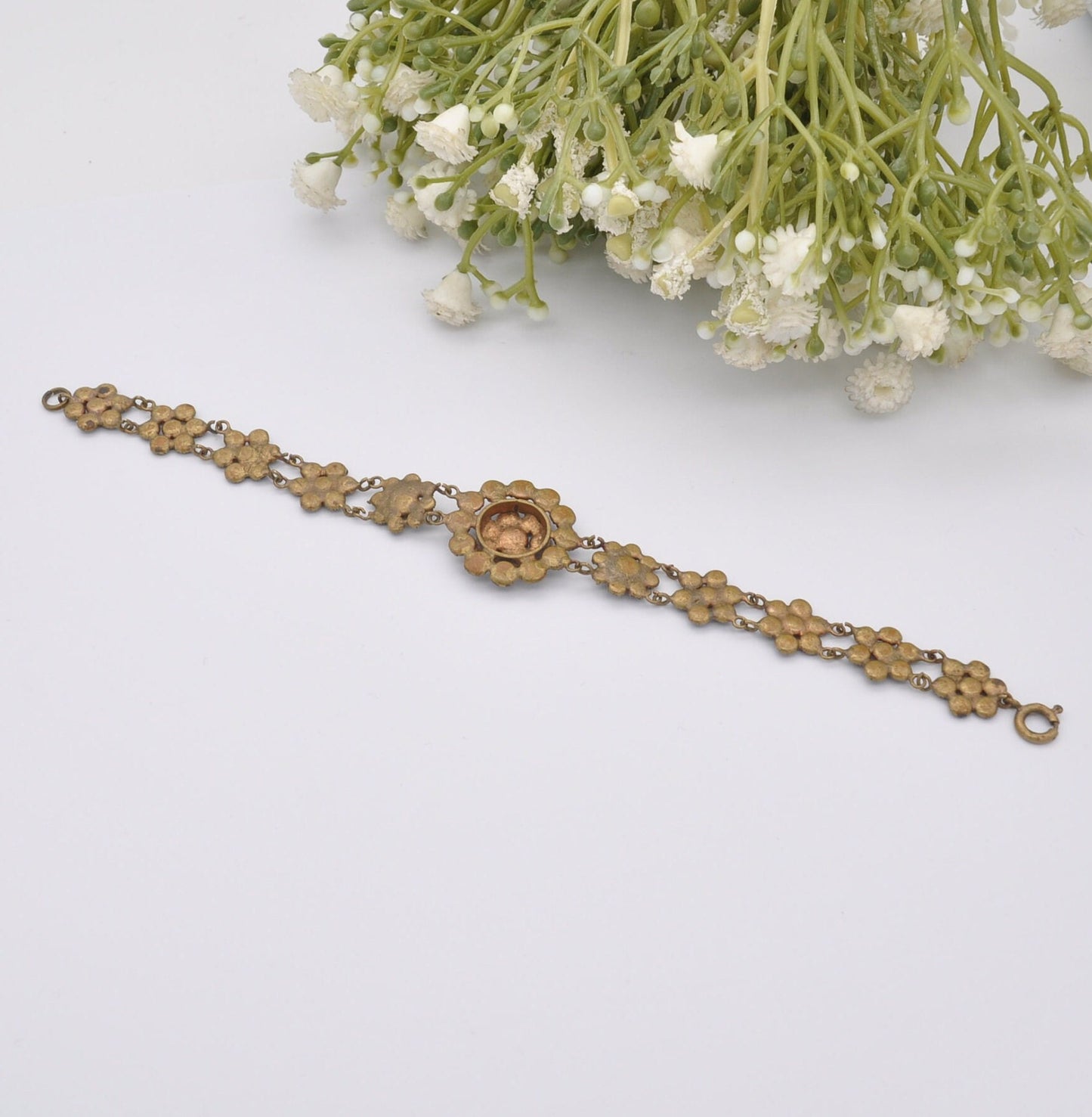 Antique Red Paste Flower Bracelet - Czech Rose Cut Glass Floral Panel Bracelet | Victorian Bohemian Garnet Style