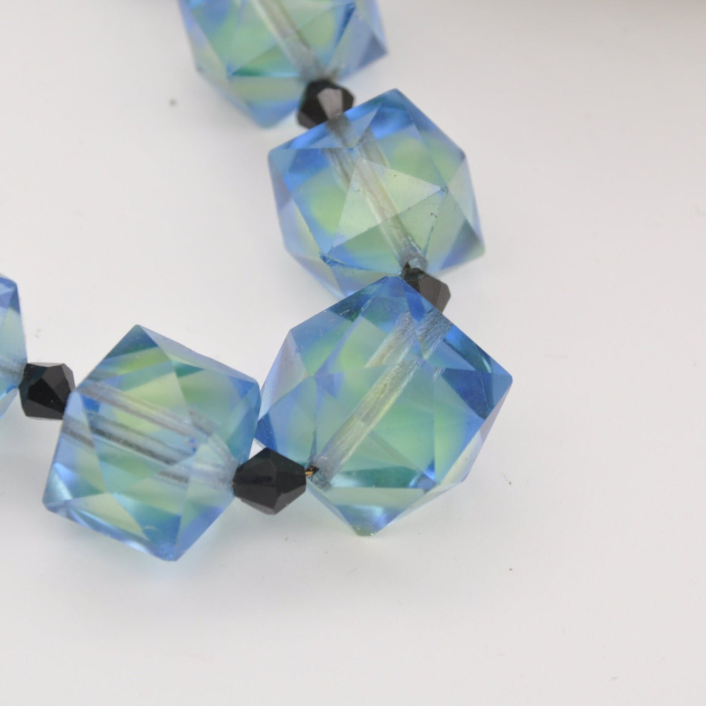 Vintage Czech Uranium Glass Bead Necklace - Blue Green Faceted | Graduated Beaded Necklace | Original Chain