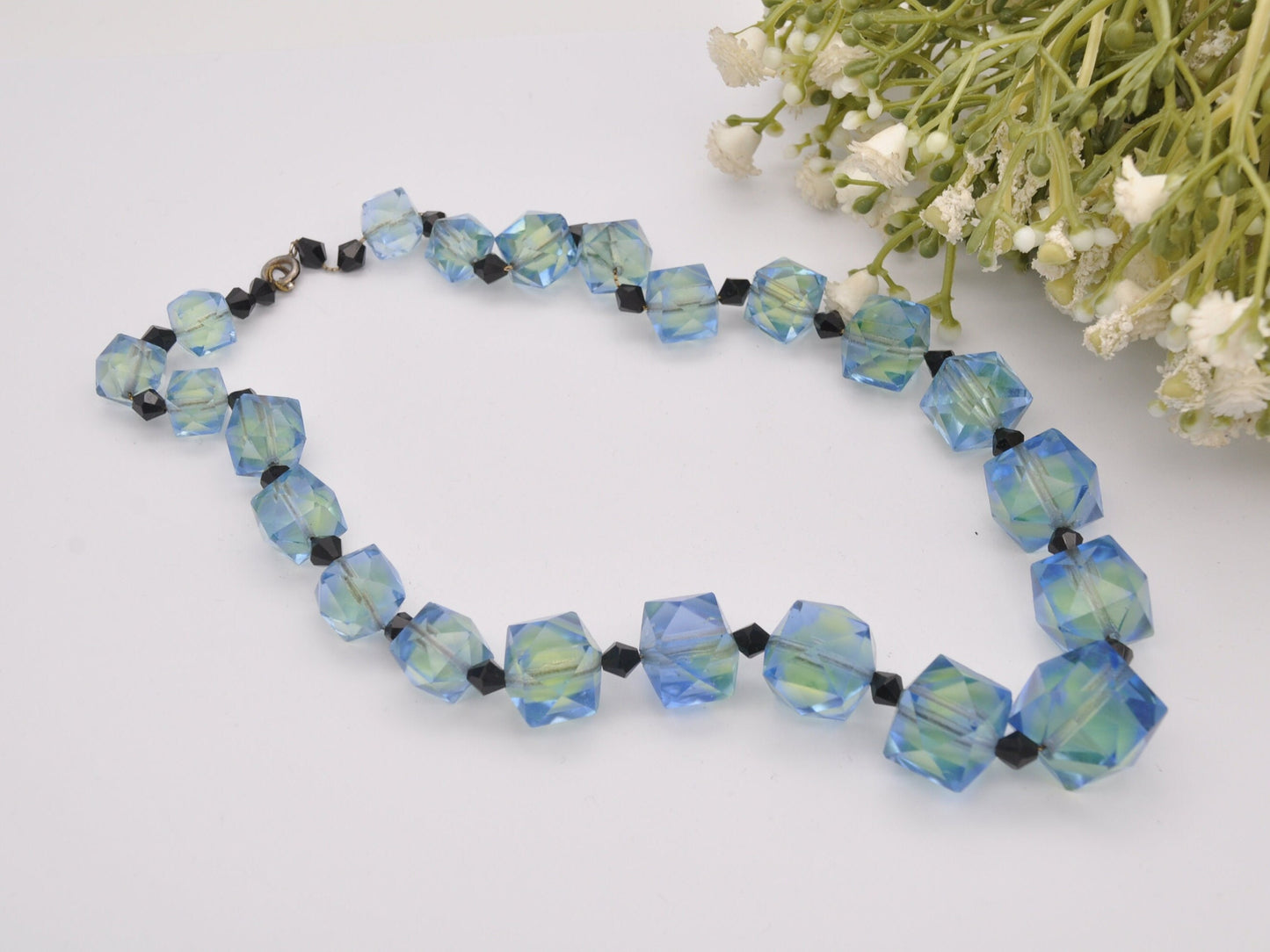Vintage Czech Uranium Glass Bead Necklace - Blue Green Faceted | Graduated Beaded Necklace | Original Chain